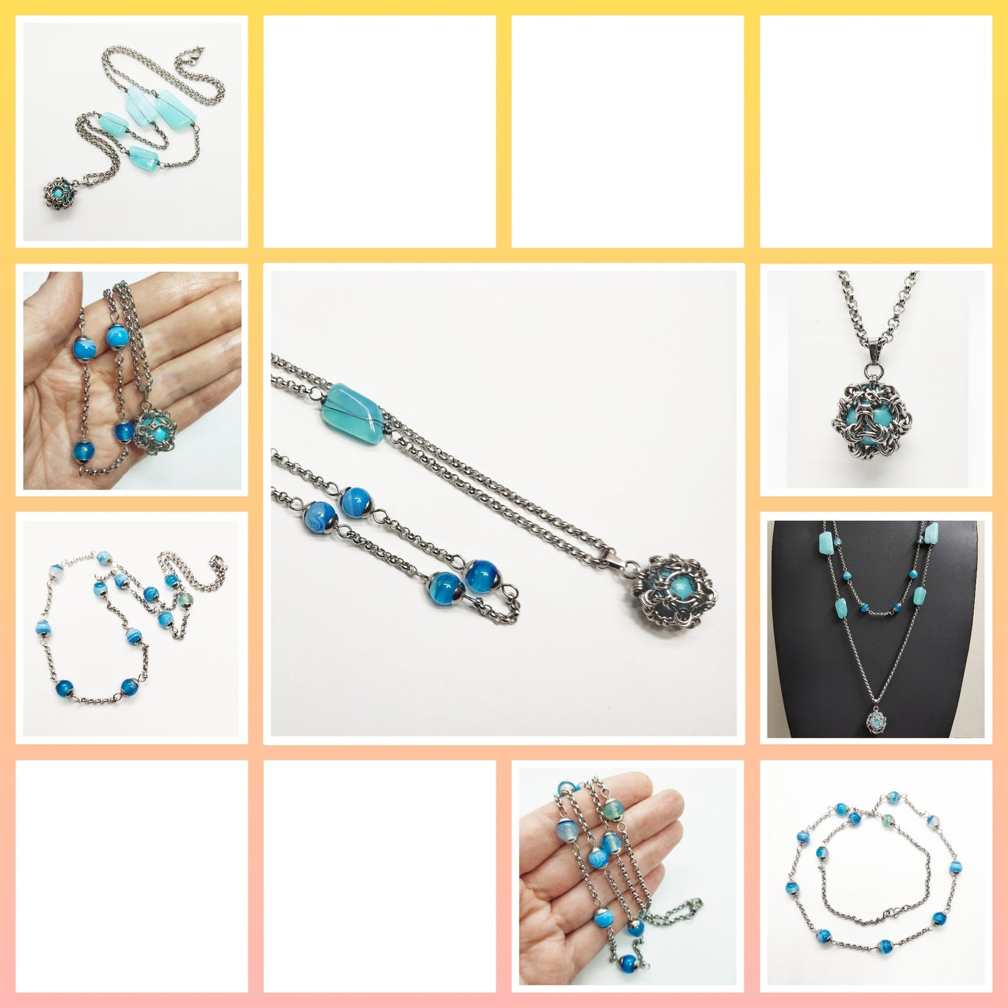 Two matching necklaces with light blue stones and a pendant #0003
