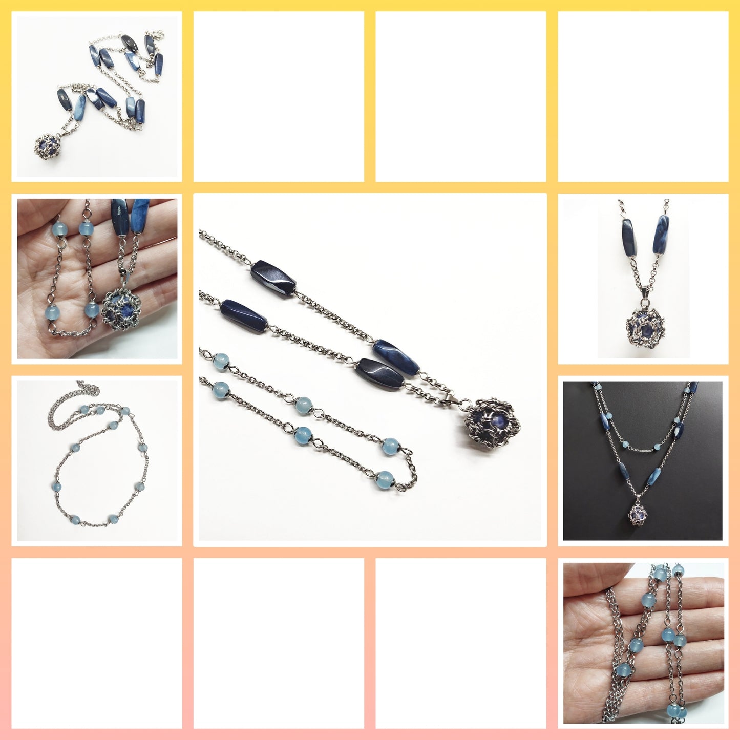 Two matching necklaces with greyish blue stones and a pendant #0005