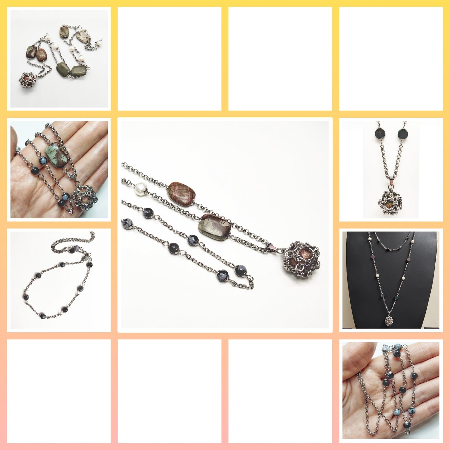 Two matching necklaces with greyish stones, off-white pearls, grey and black stone beads and a pendant #0008