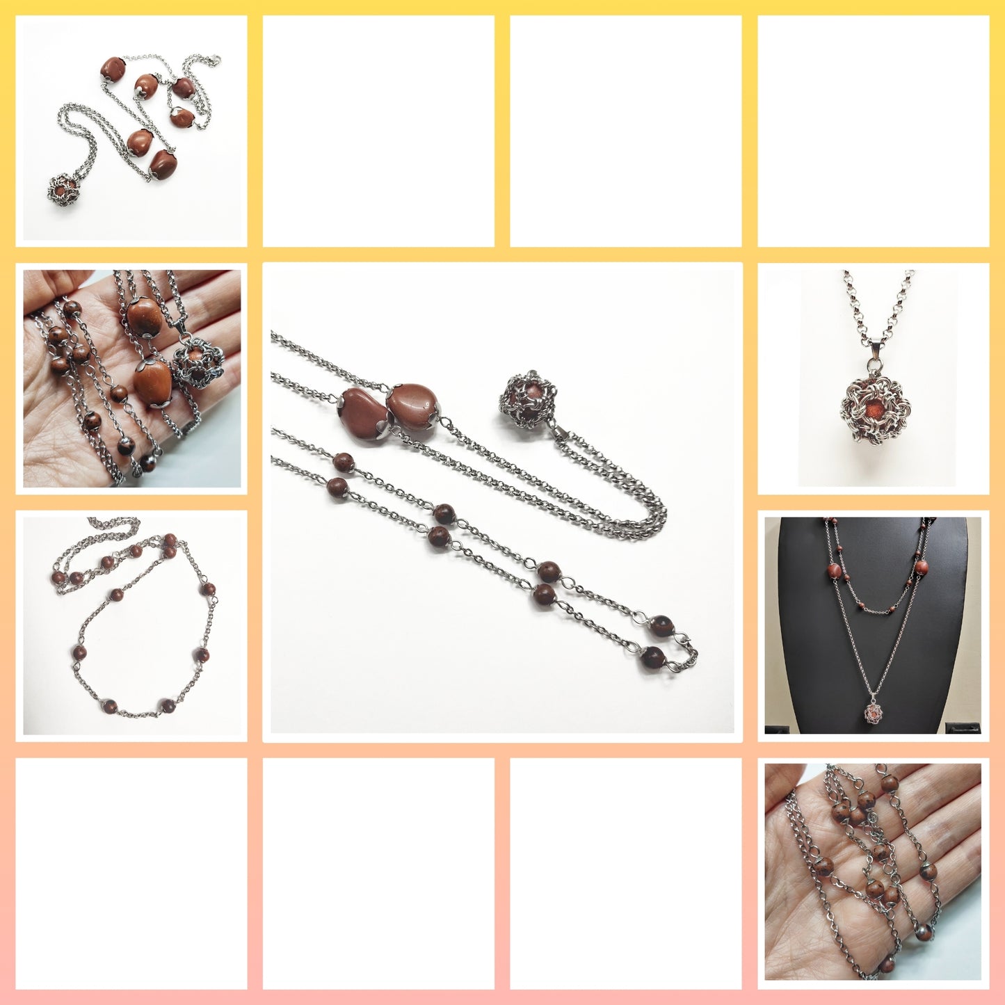 Two long matching necklaces with rusty brown beads, stones and a pendant #0009