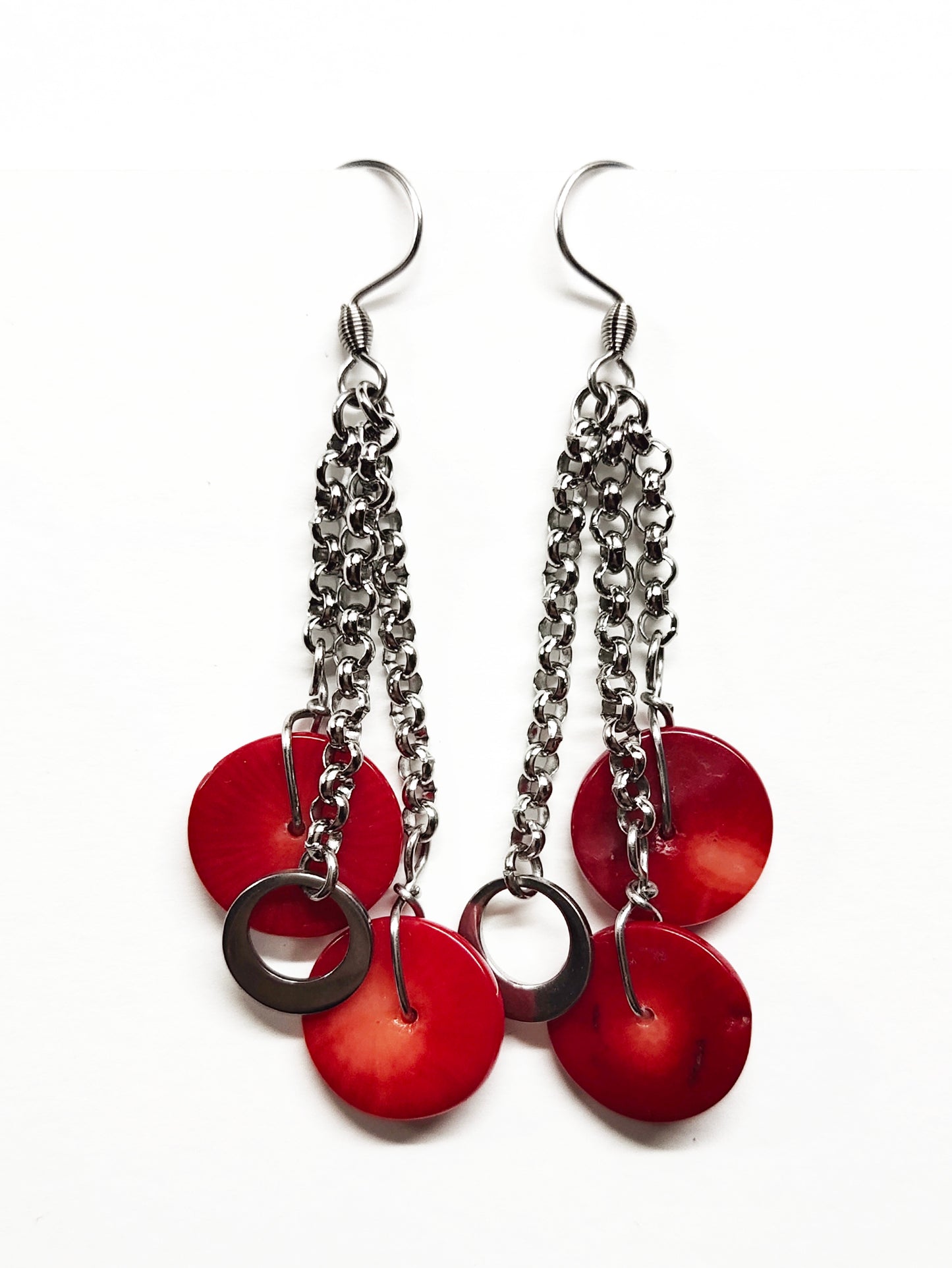 Dangling earrings with red shell disc beads