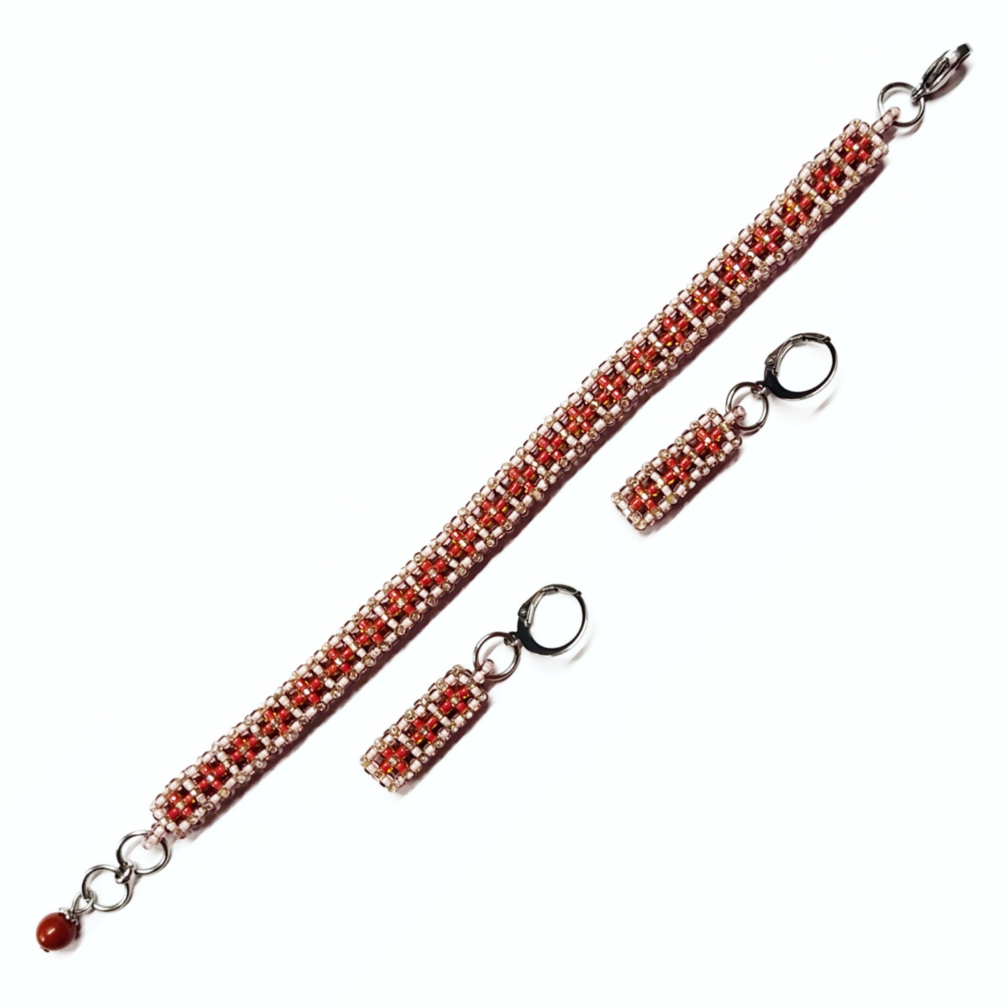 Beaded bracelet and earrings set in greyish lavender and rusty brown colour