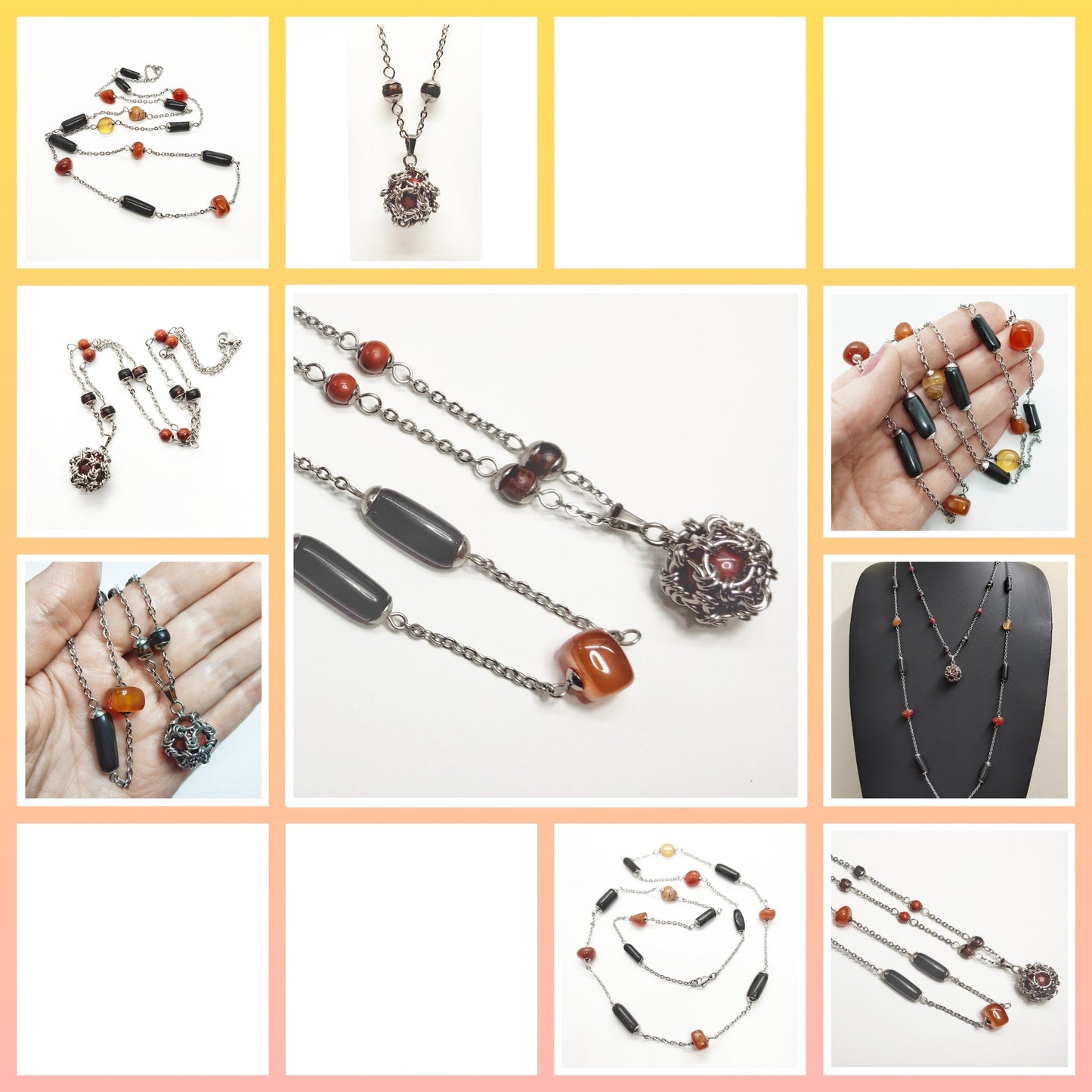 Two matching necklaces with black, brown and yellow stones and a pendant #0001