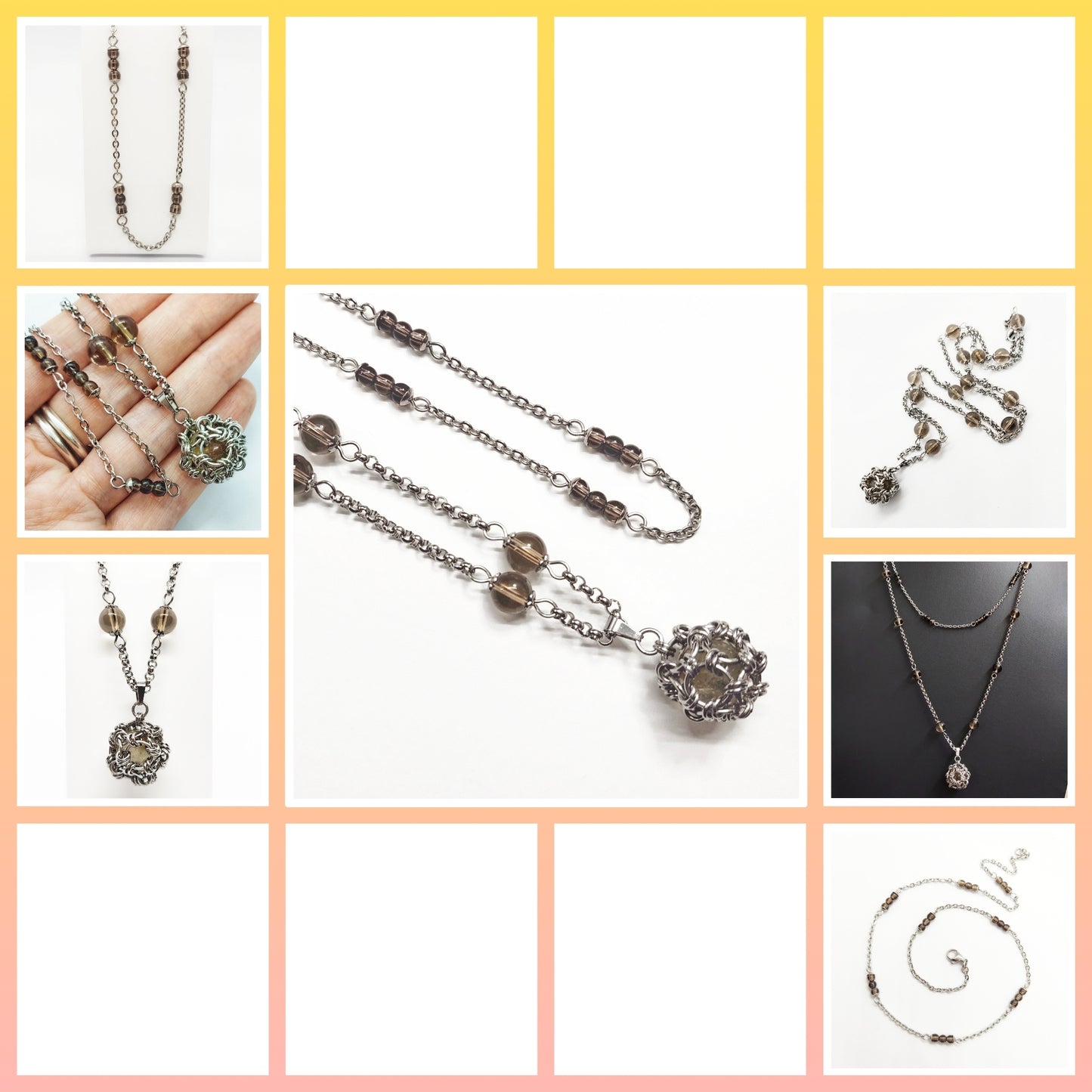 Two matching necklaces with smoky quartz stone beads and a pendant #0002