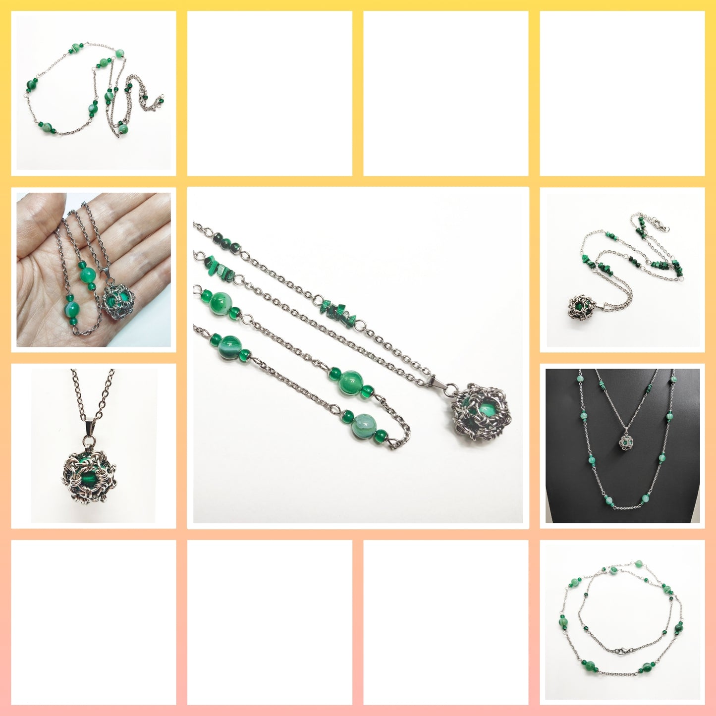 Two matching necklaces with green stone beads and a pendant #0004