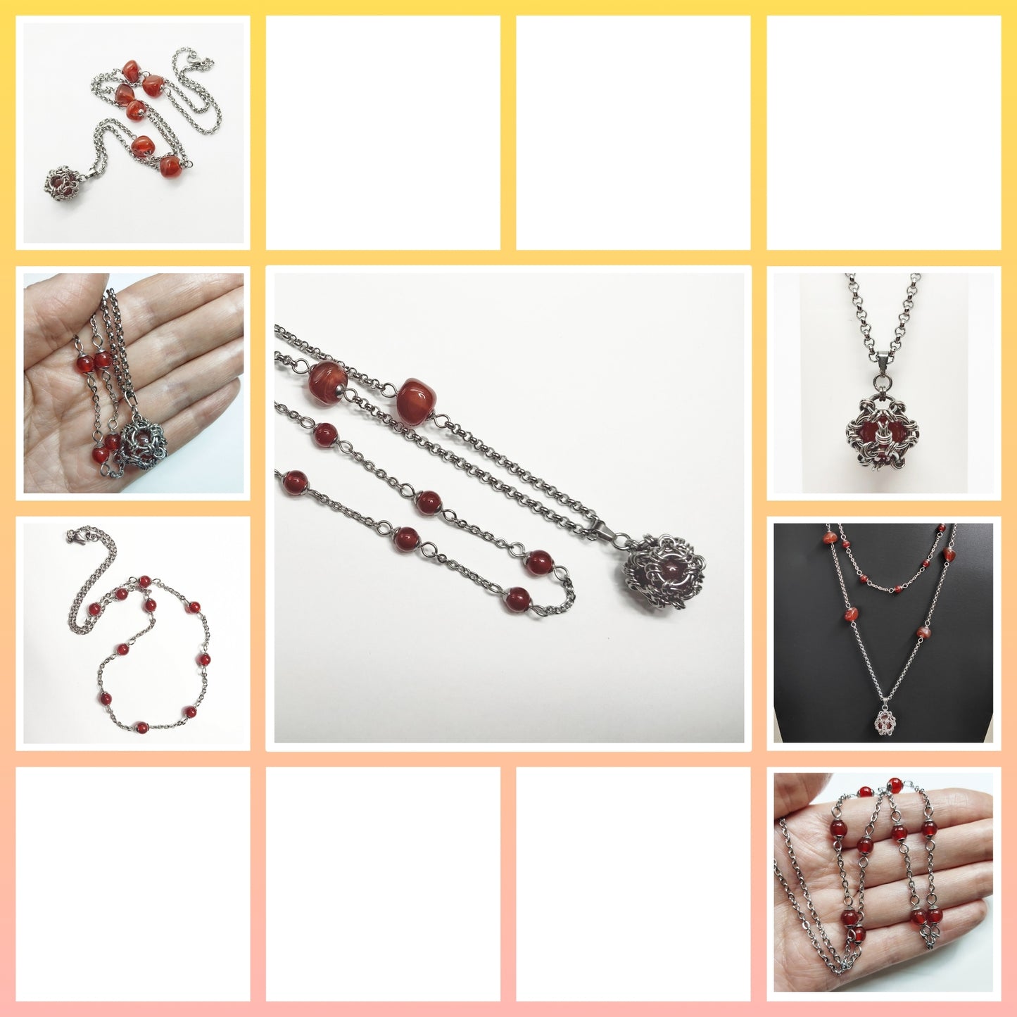 Two matching necklaces with semi-translucent reddish brown stones and a pendant #0006