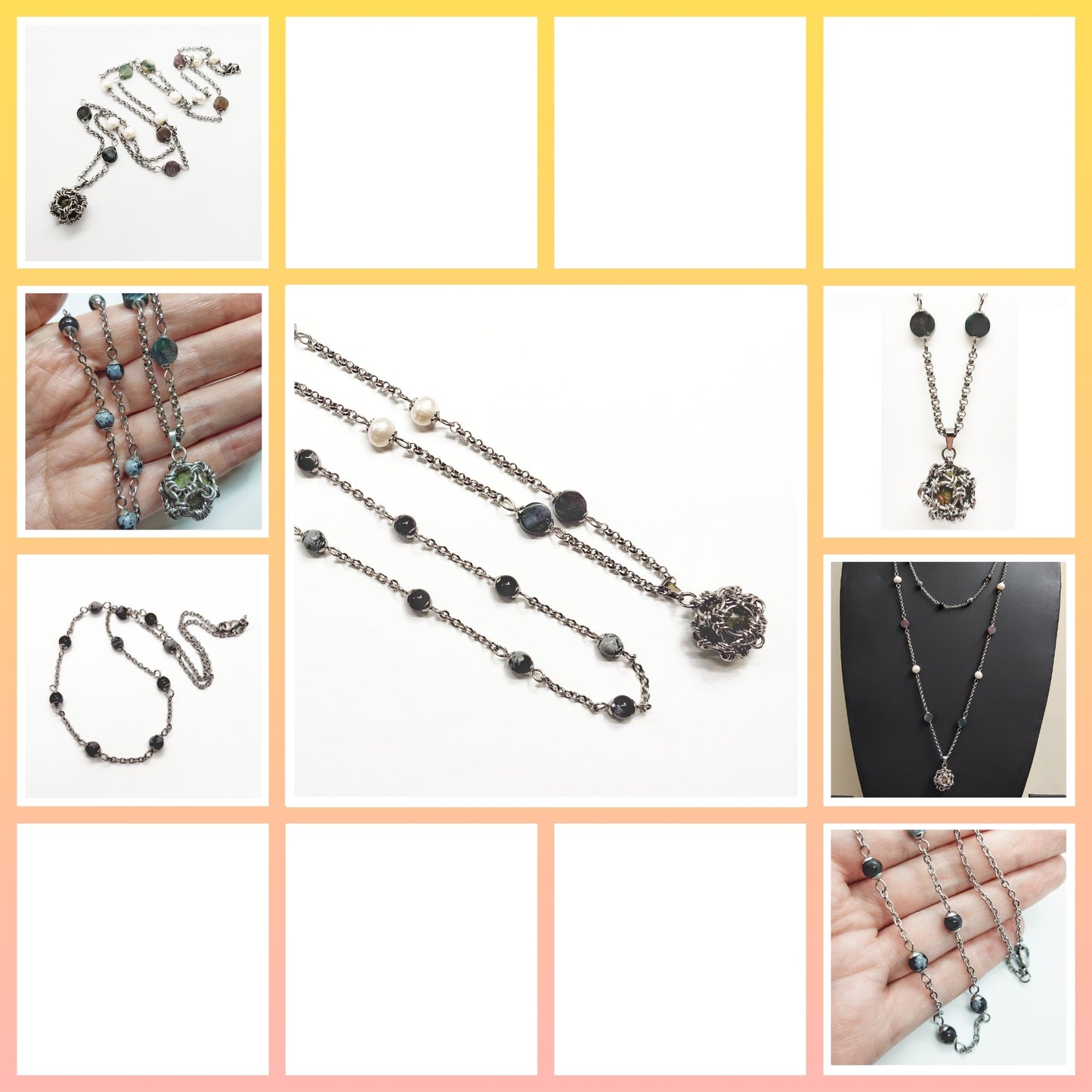 Two matching necklaces with multicolour stone beads, off-white pearls and a pendant #0007