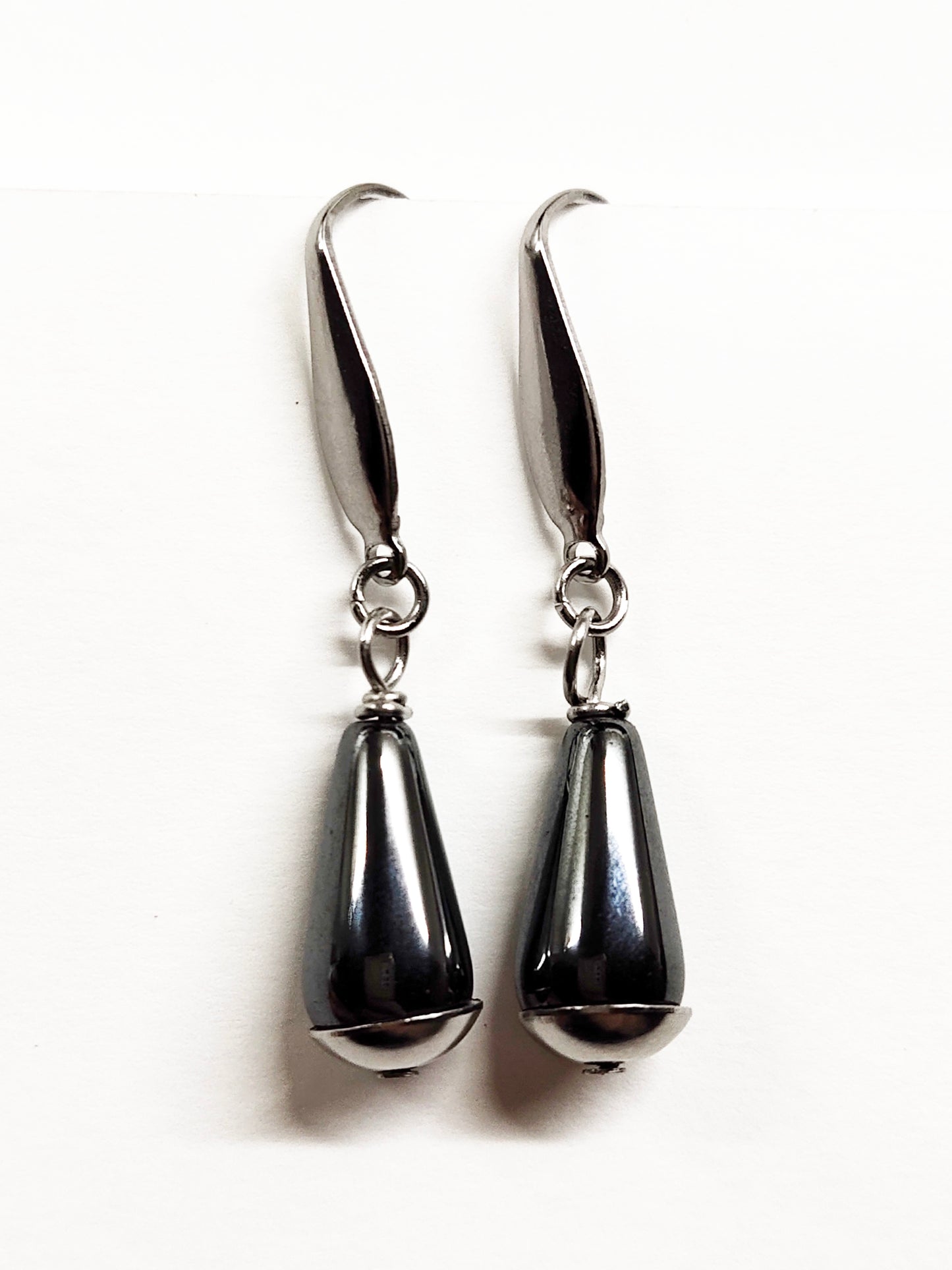 Dangling black hematite drop earrings