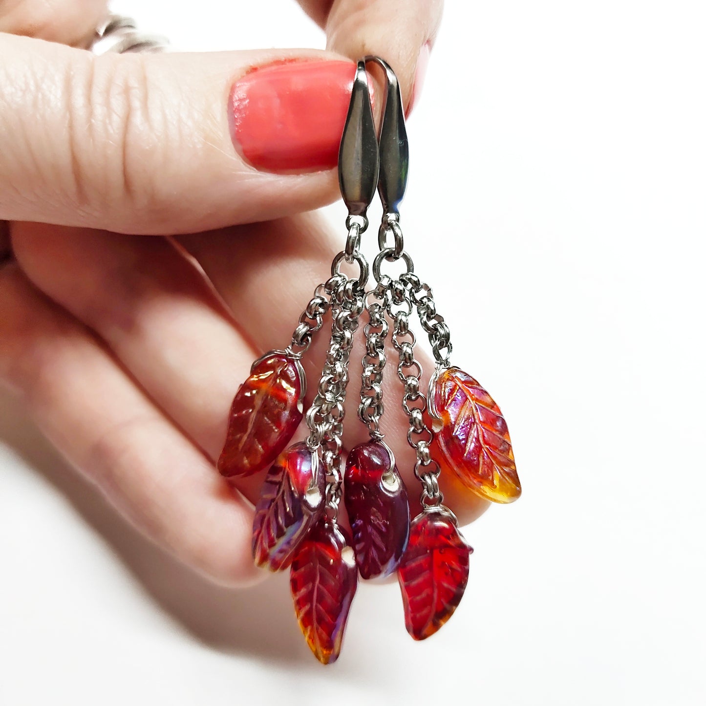 Long dangling earrings with autumn rusty brownish red glass beads