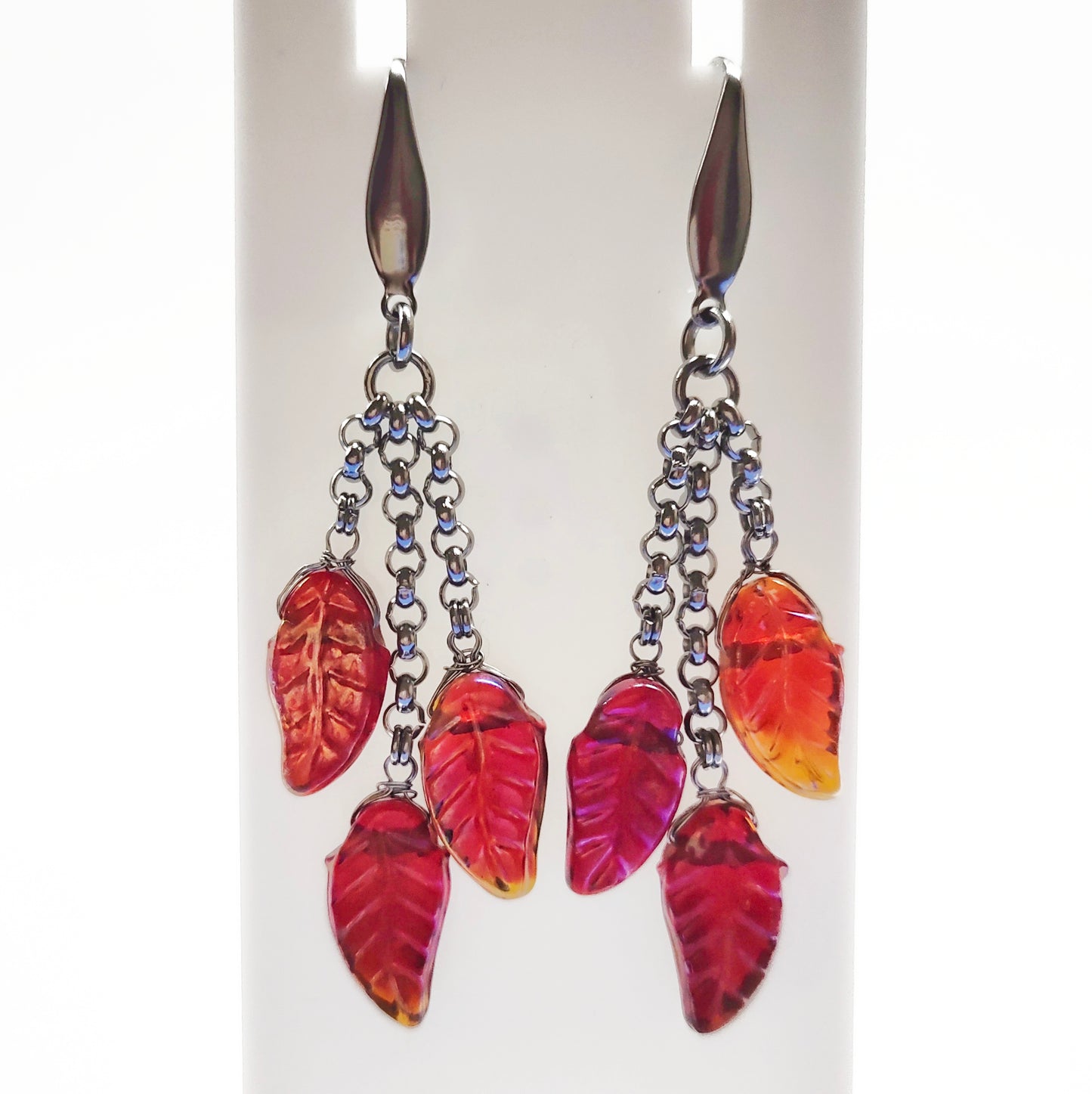 Long dangling earrings with autumn rusty brownish red glass beads