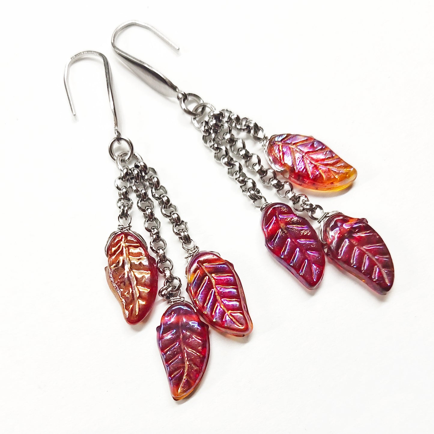 Long dangling earrings with autumn rusty brownish red glass beads