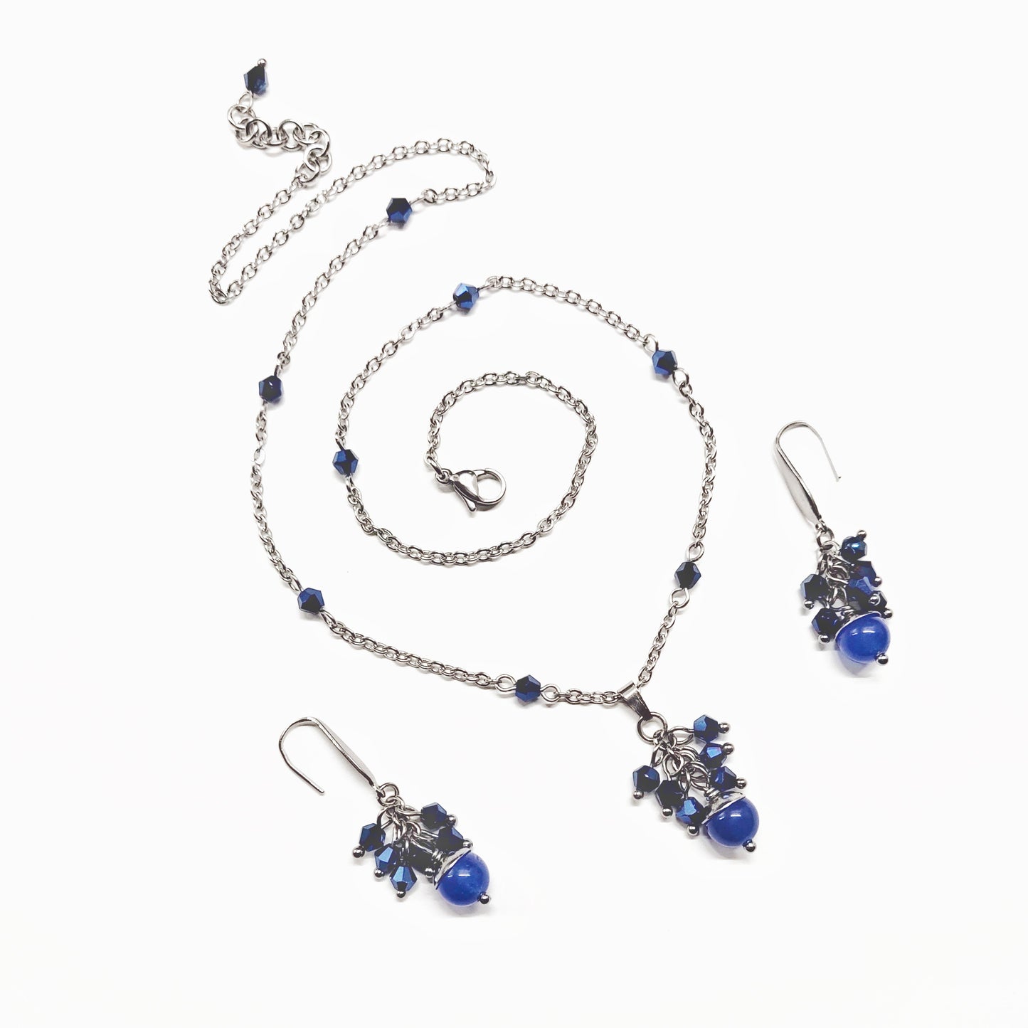 A set of blue beads necklace and earrings