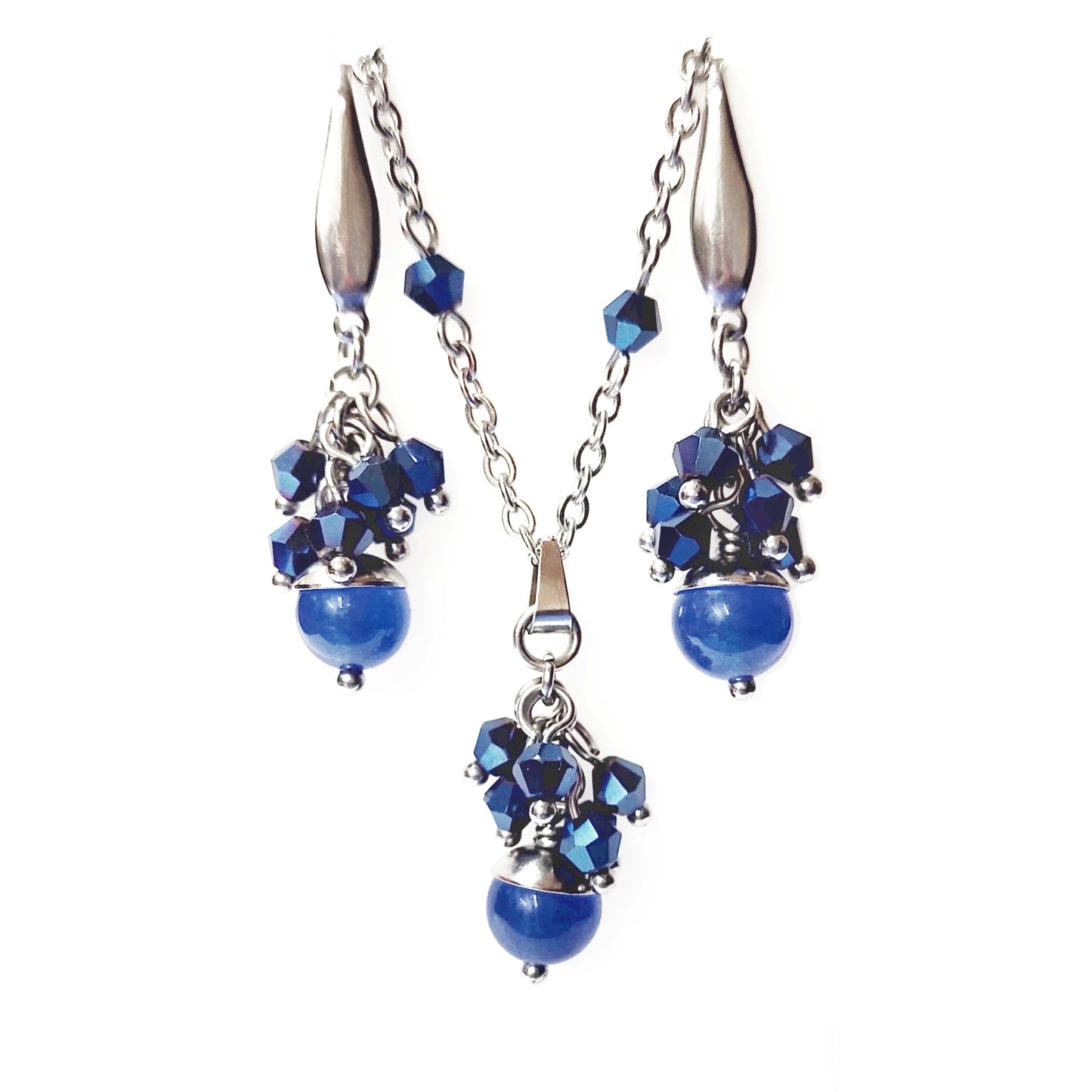 A set of blue beads necklace and earrings