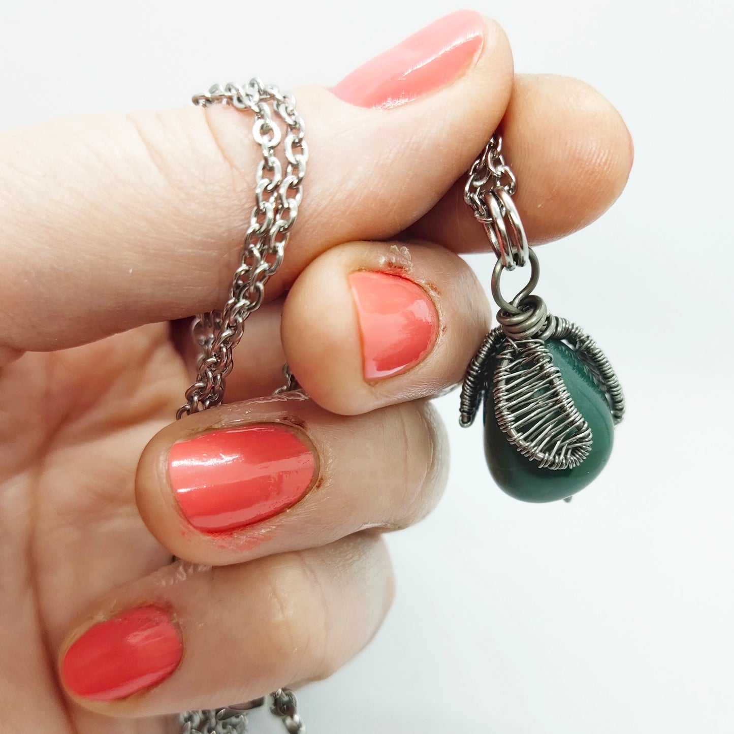 Wire wrapped stone pendant with stainless steel chain