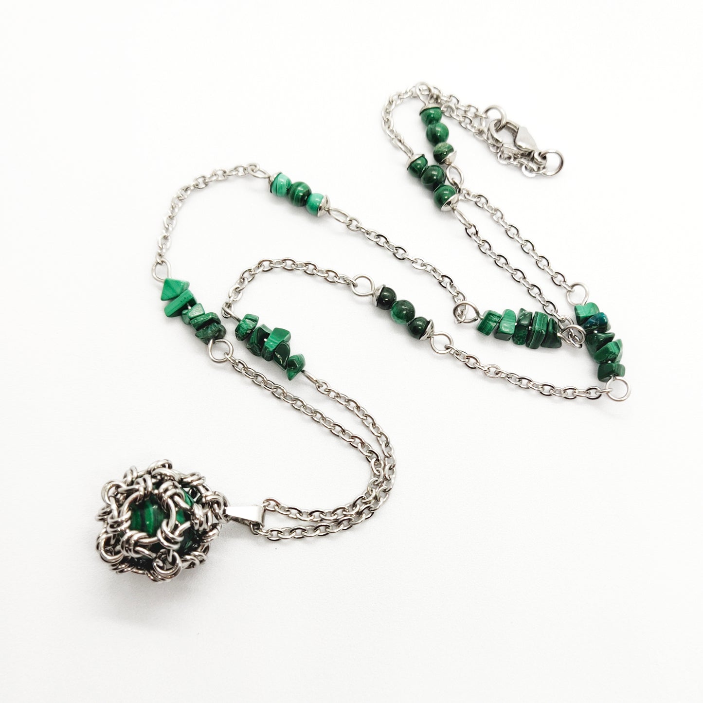 Two matching necklaces with green stone beads and a pendant #0004
