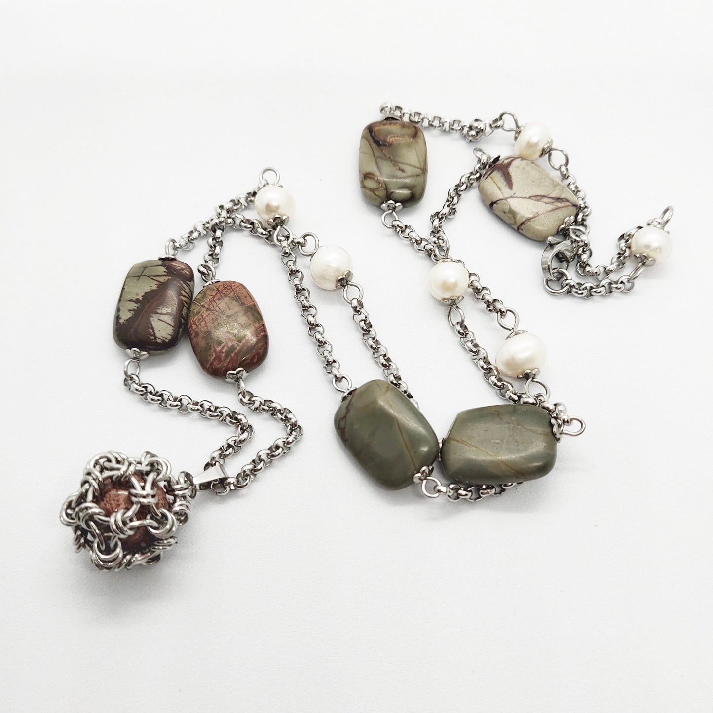 Two matching necklaces with greyish stones, off-white pearls, grey and black stone beads and a pendant #0008