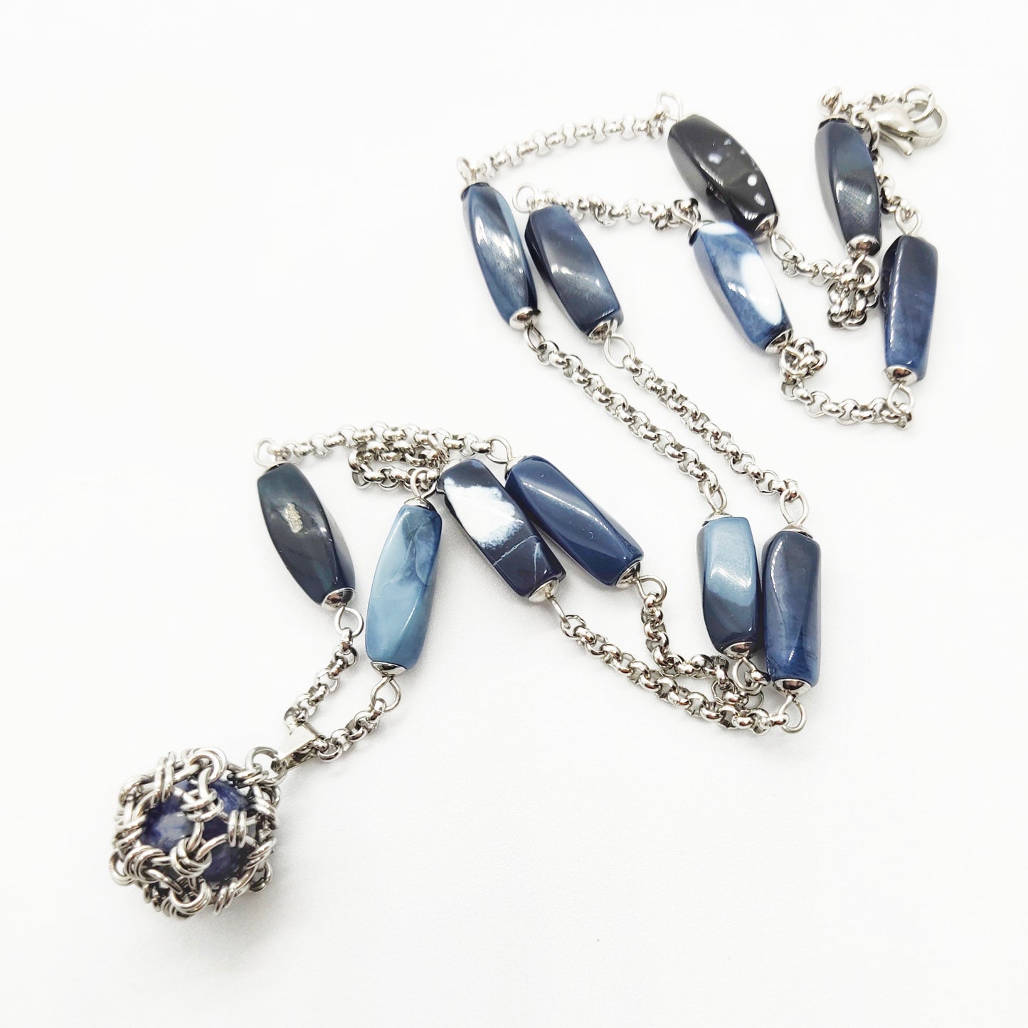 Two matching necklaces with greyish blue stones and a pendant #0005