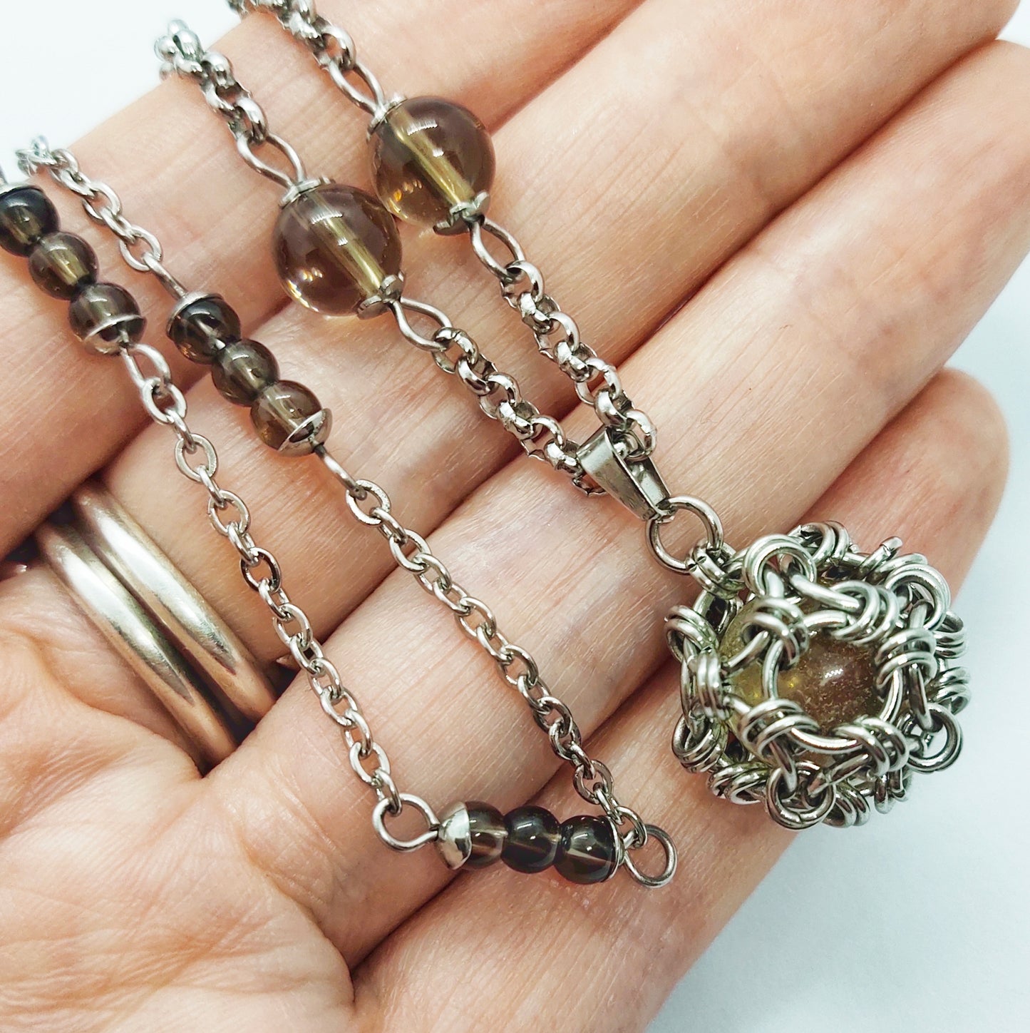 Two matching necklaces with smoky quartz stone beads and a pendant #0002