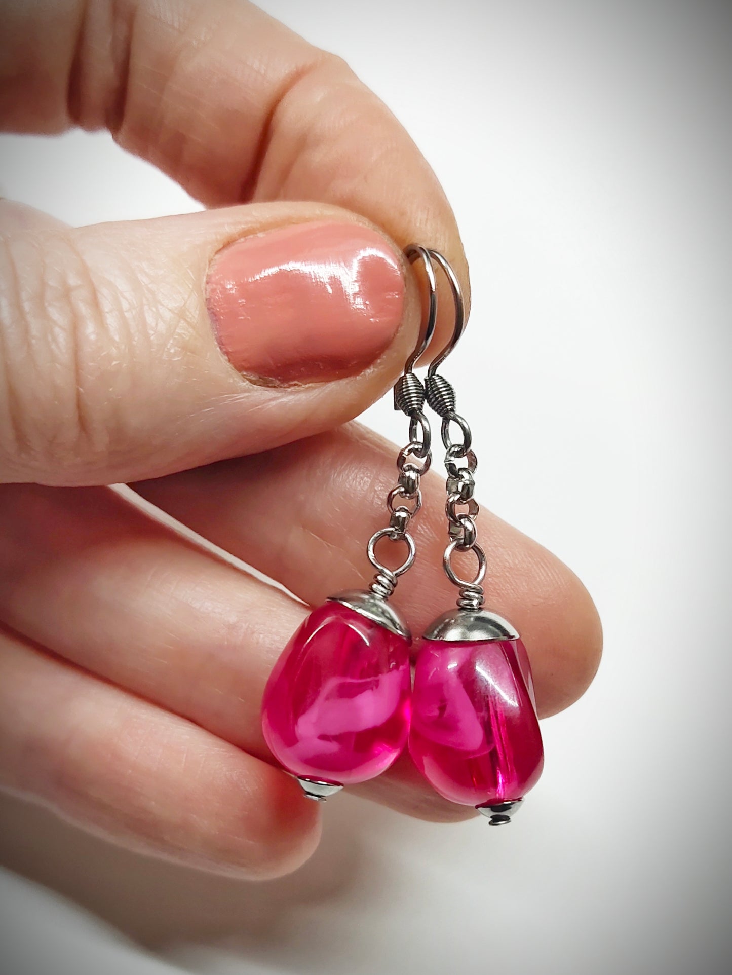 Matching semi clear pink/magenta bead earrings for mother and daughter