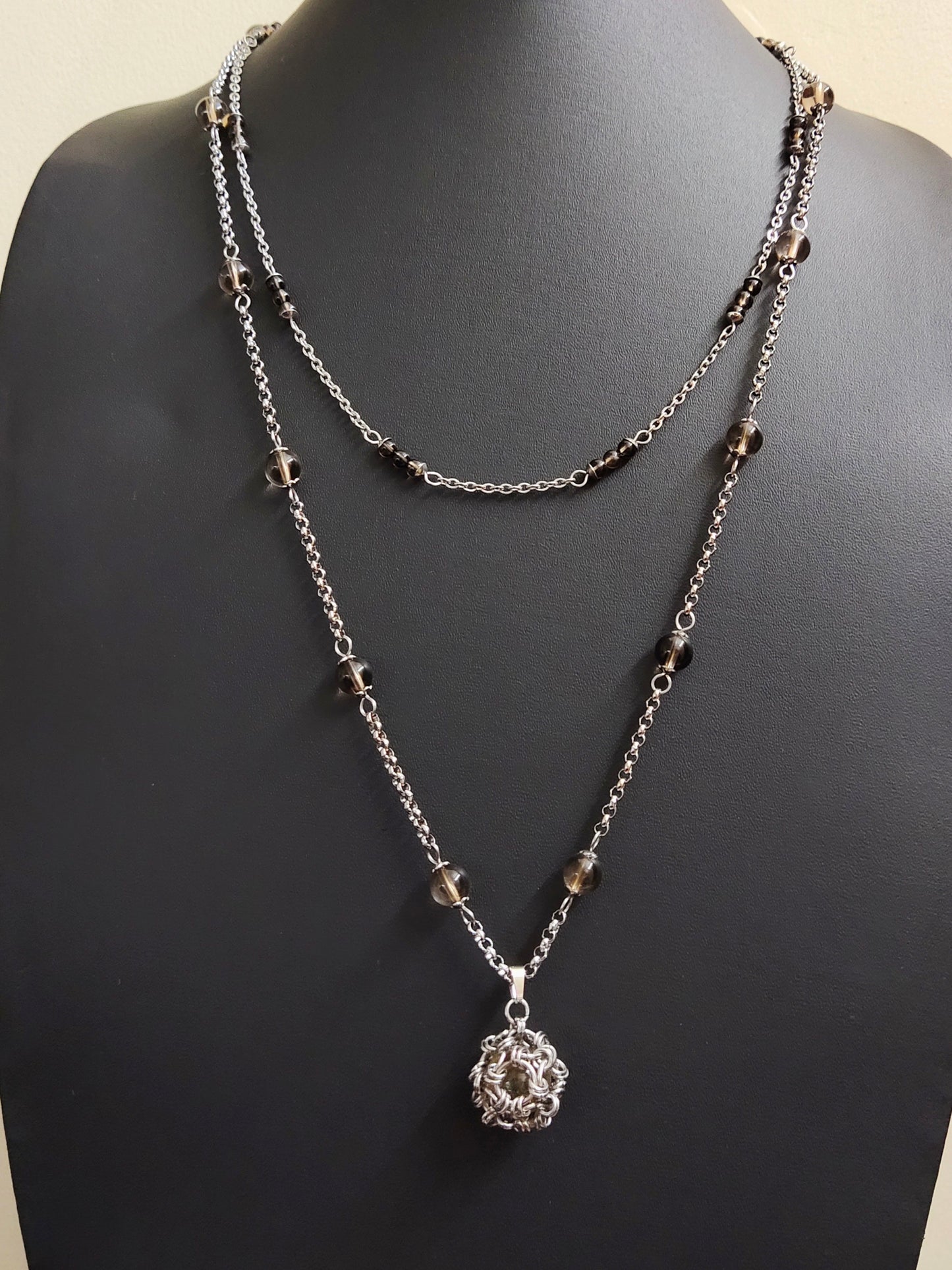 Two matching necklaces with smoky quartz stone beads and a pendant #0002
