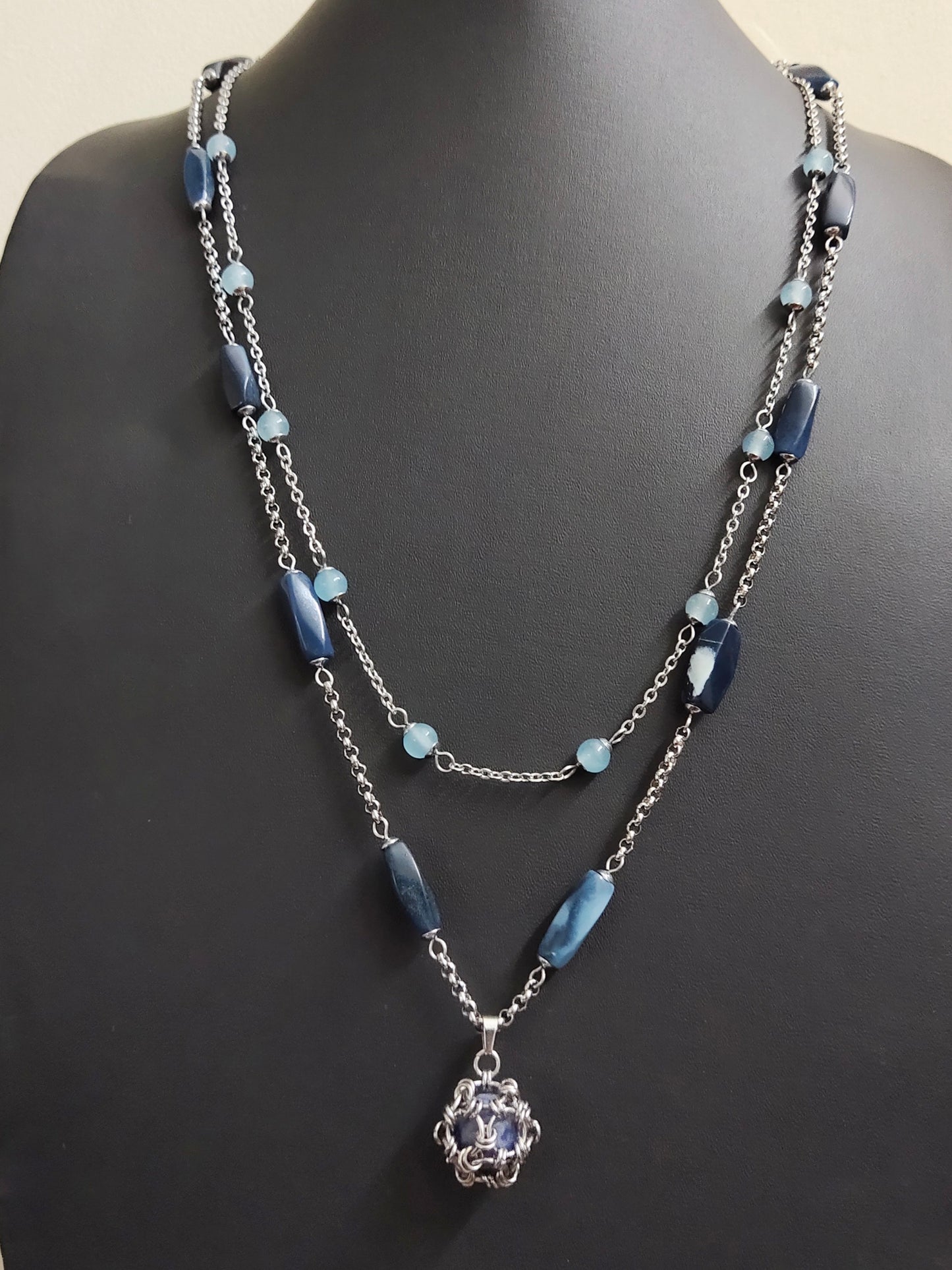 Two matching necklaces with greyish blue stones and a pendant #0005