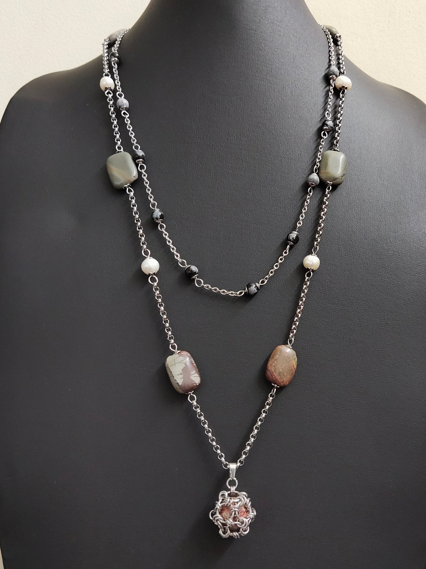 Two matching necklaces with greyish stones, off-white pearls, grey and black stone beads and a pendant #0008