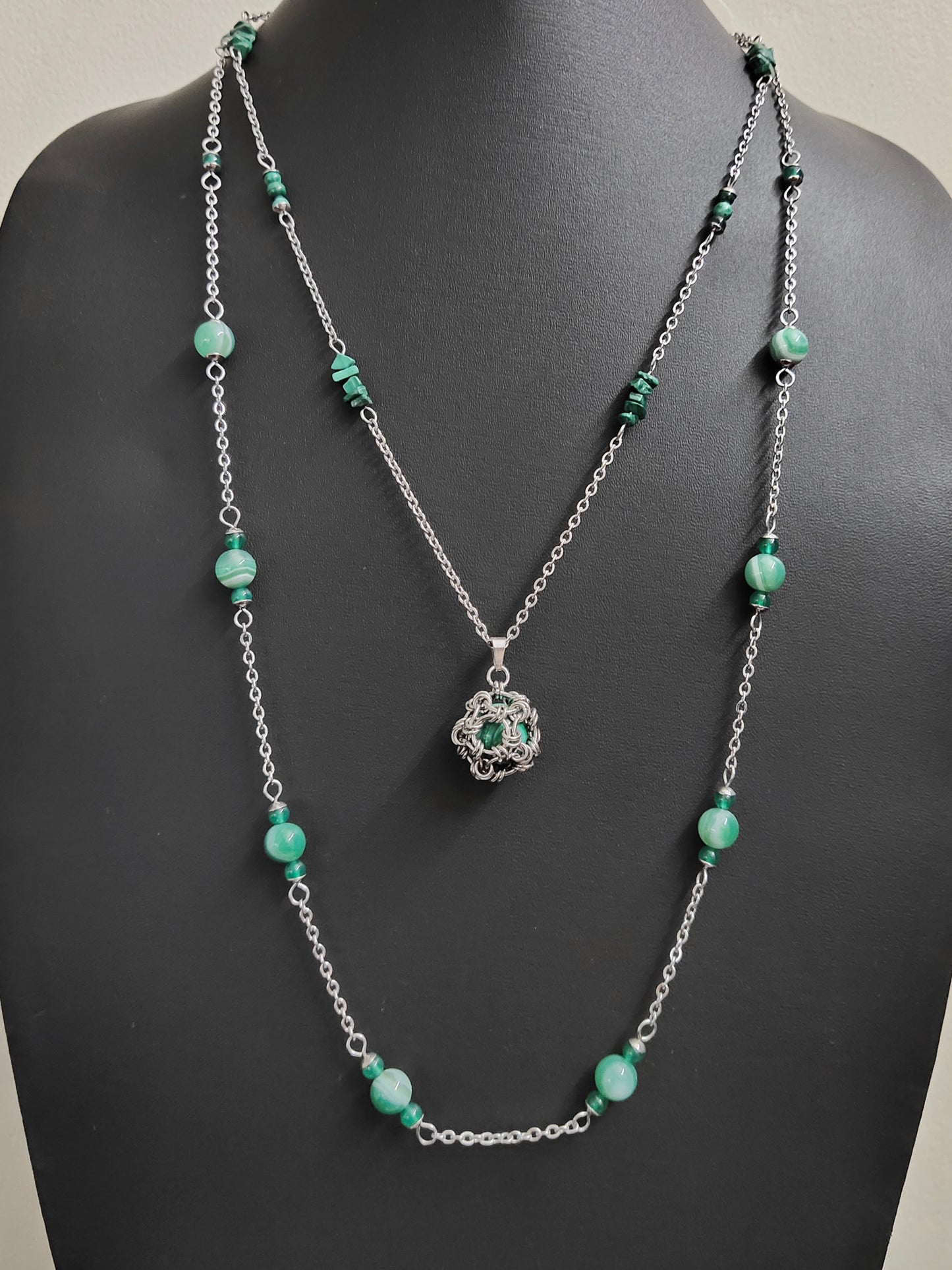 Two matching necklaces with green stone beads and a pendant #0004