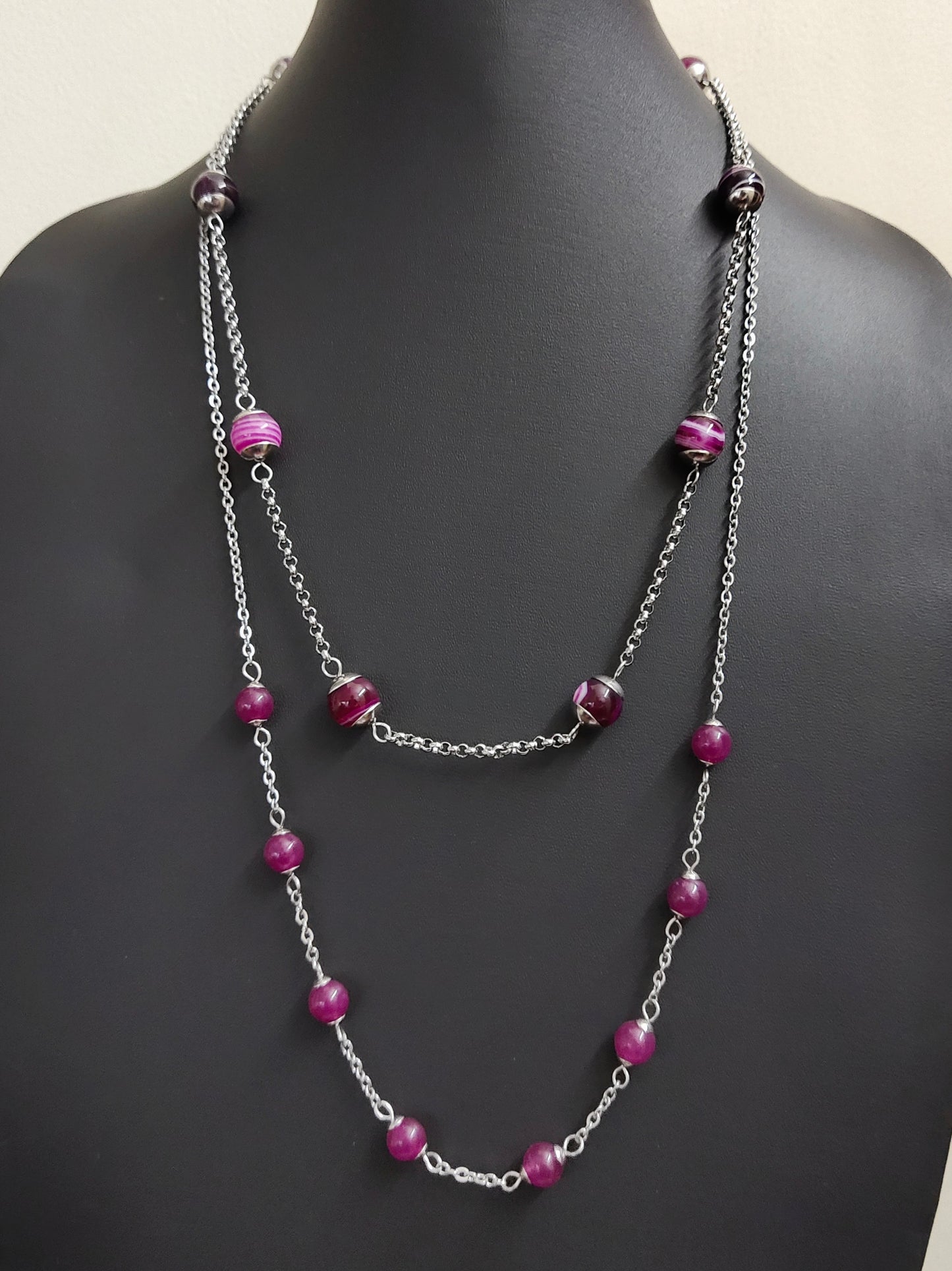 Two matching necklaces with magenta colour stones #0011