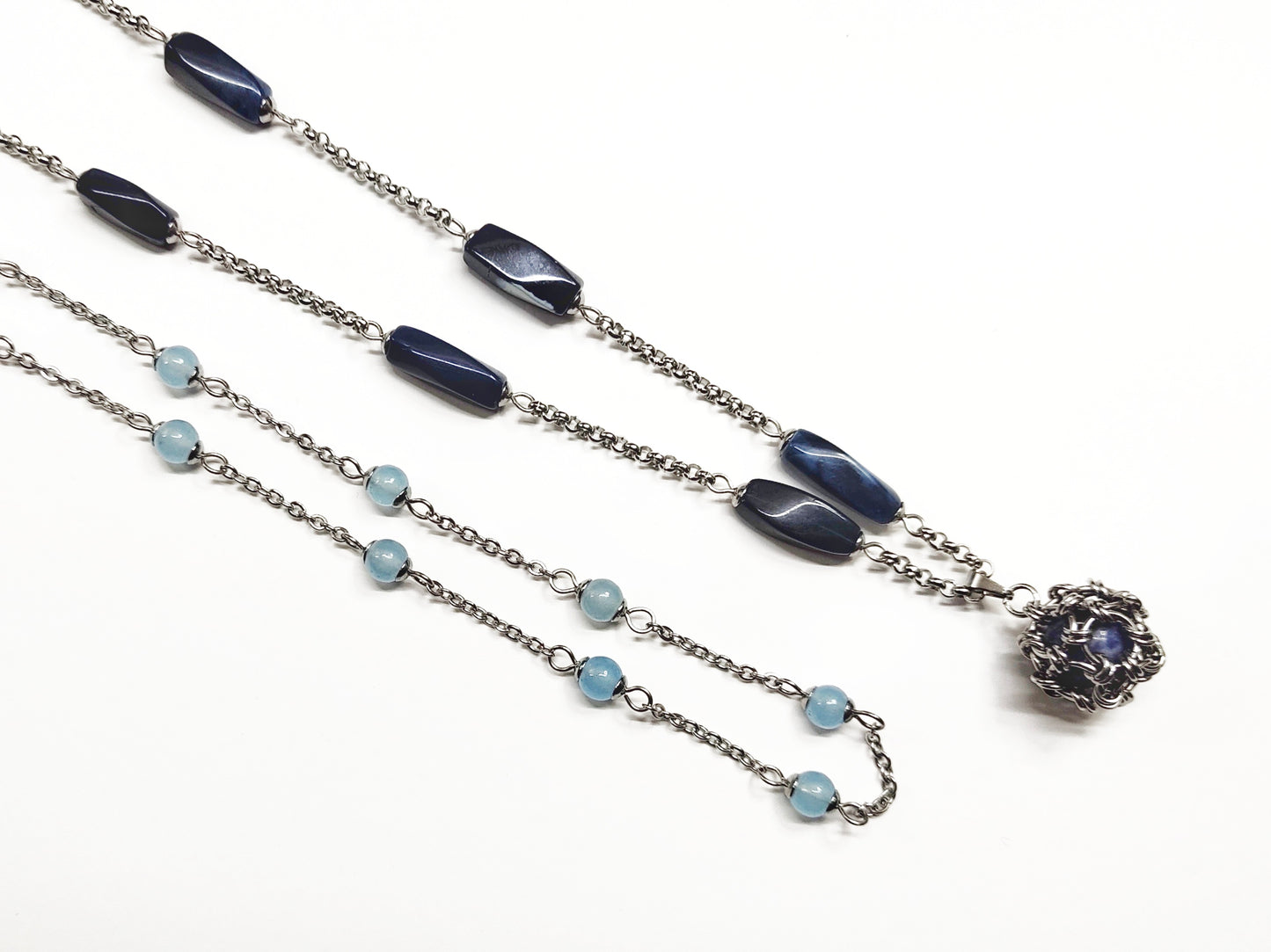 Two matching necklaces with greyish blue stones and a pendant #0005