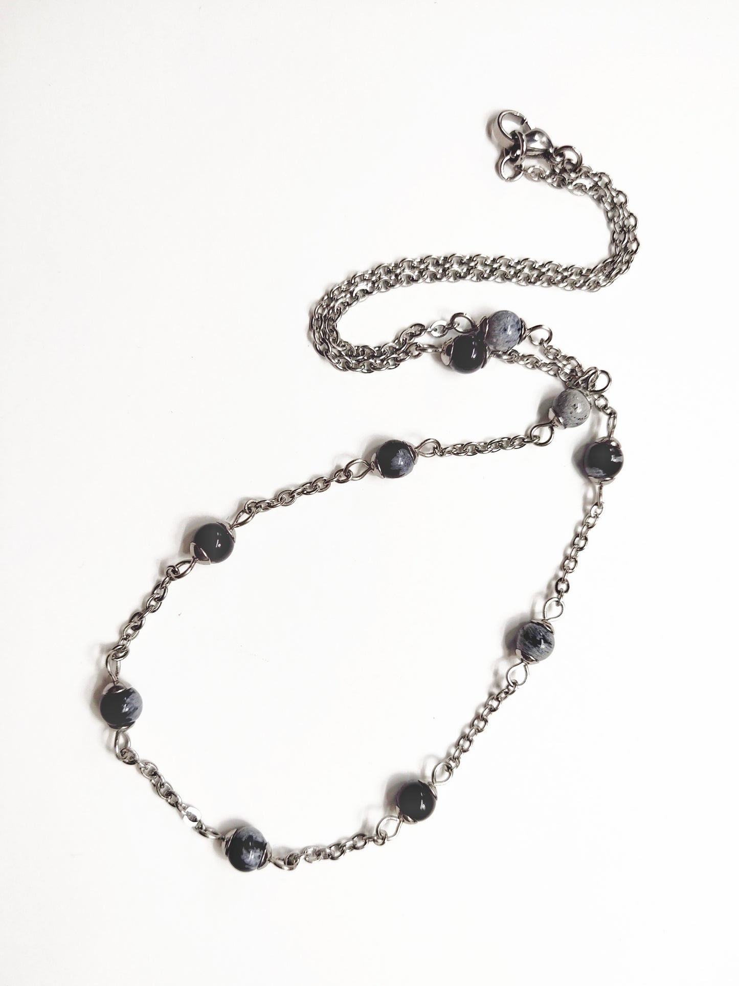 Two matching necklaces with greyish stones, off-white pearls, grey and black stone beads and a pendant #0008