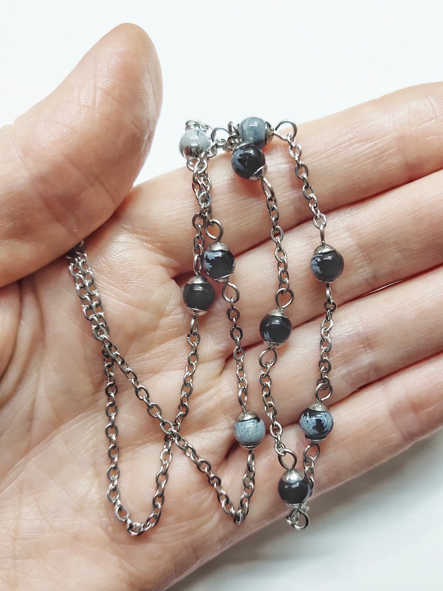 Two matching necklaces with greyish stones, off-white pearls, grey and black stone beads and a pendant #0008