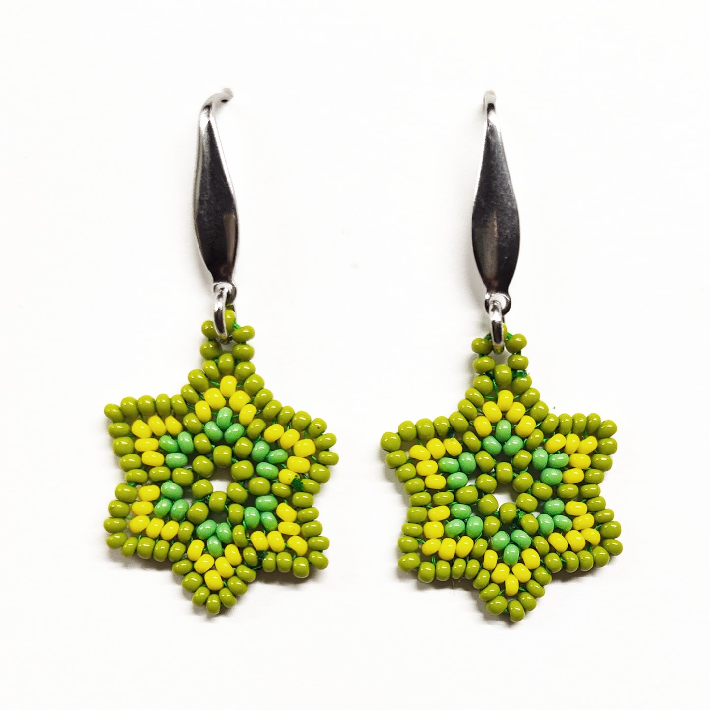 Yellowish green beaded star earrings
