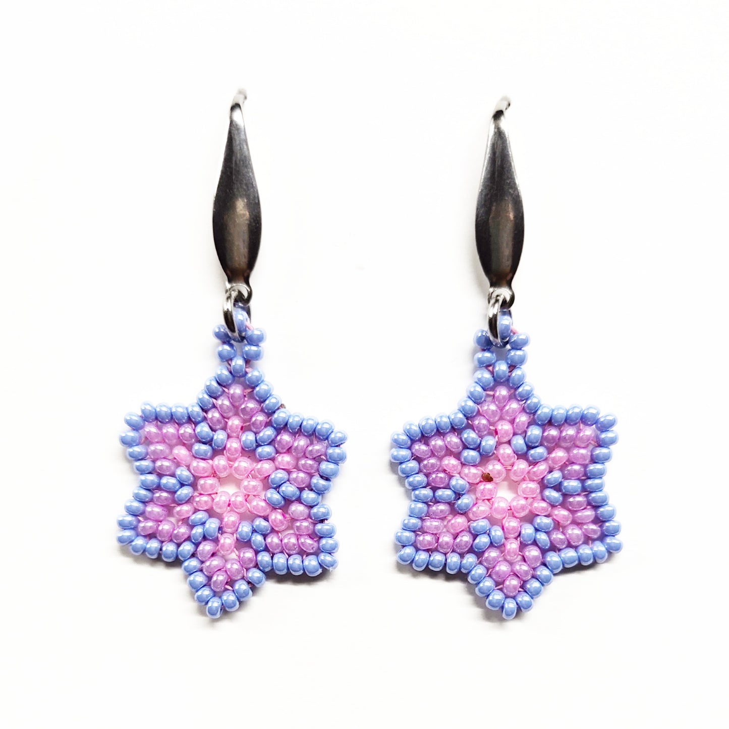 Light blue and pink beaded star earrings