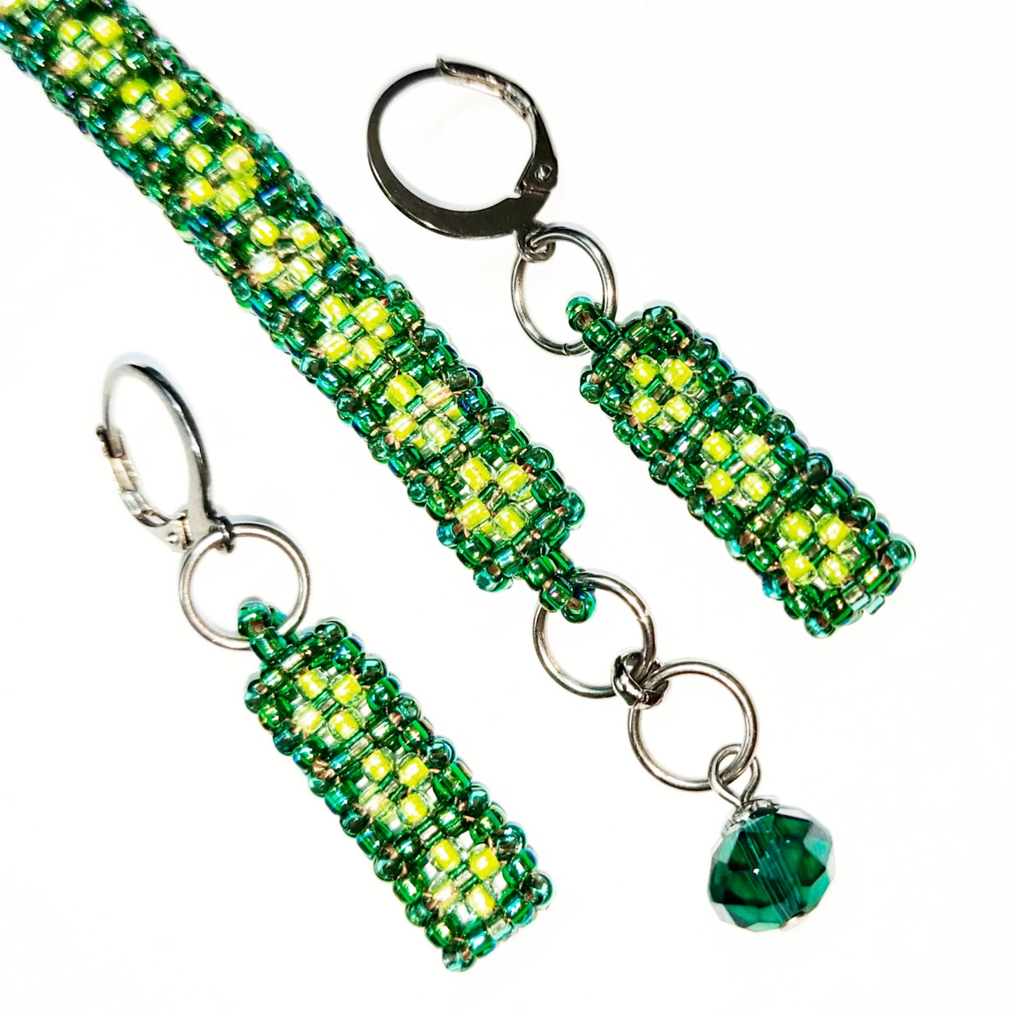 Beaded bracelet and earrings set in blueish green and neon green colour