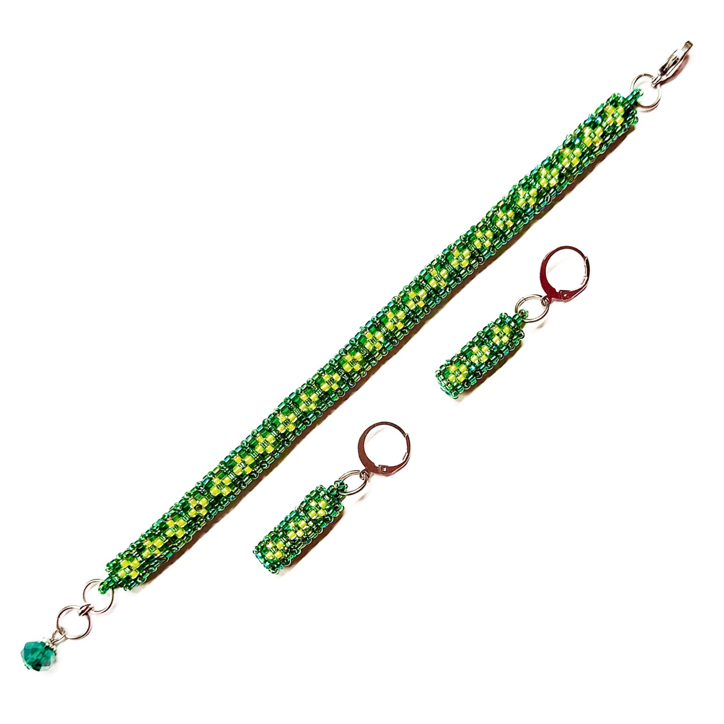 Beaded bracelet and earrings set in blueish green and neon green colour