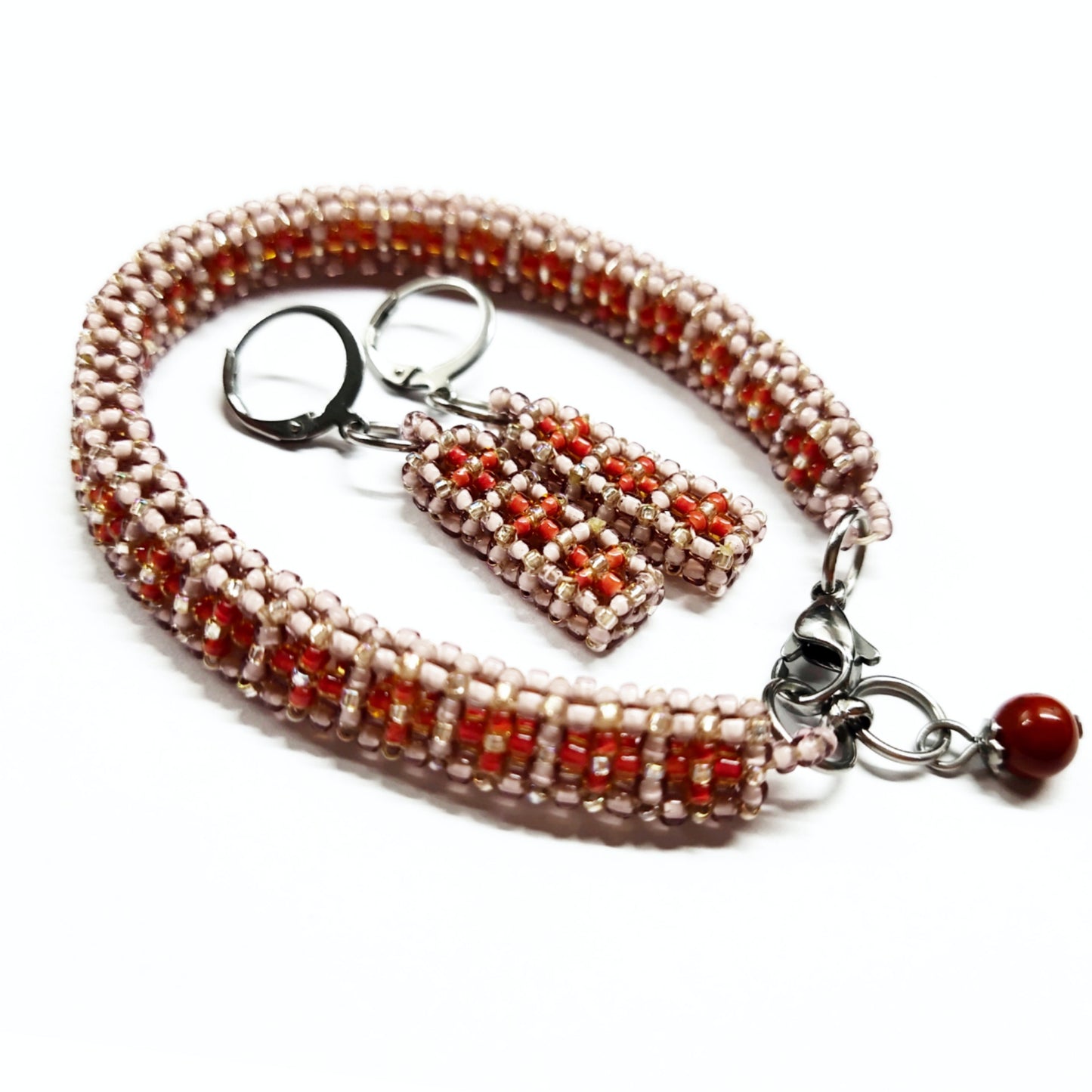 Beaded bracelet and earrings set in greyish lavender and rusty brown colour