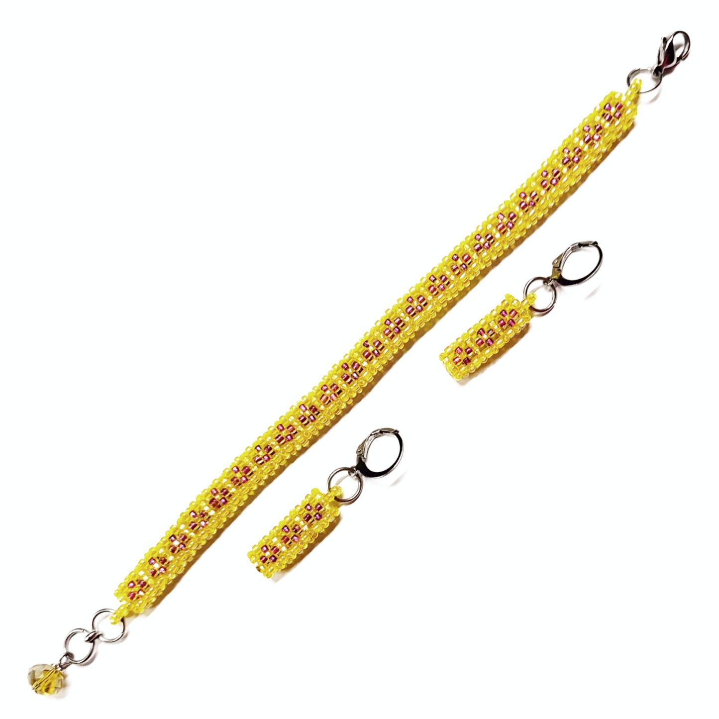 Beaded bracelet and earrings set in yellow and purple colour