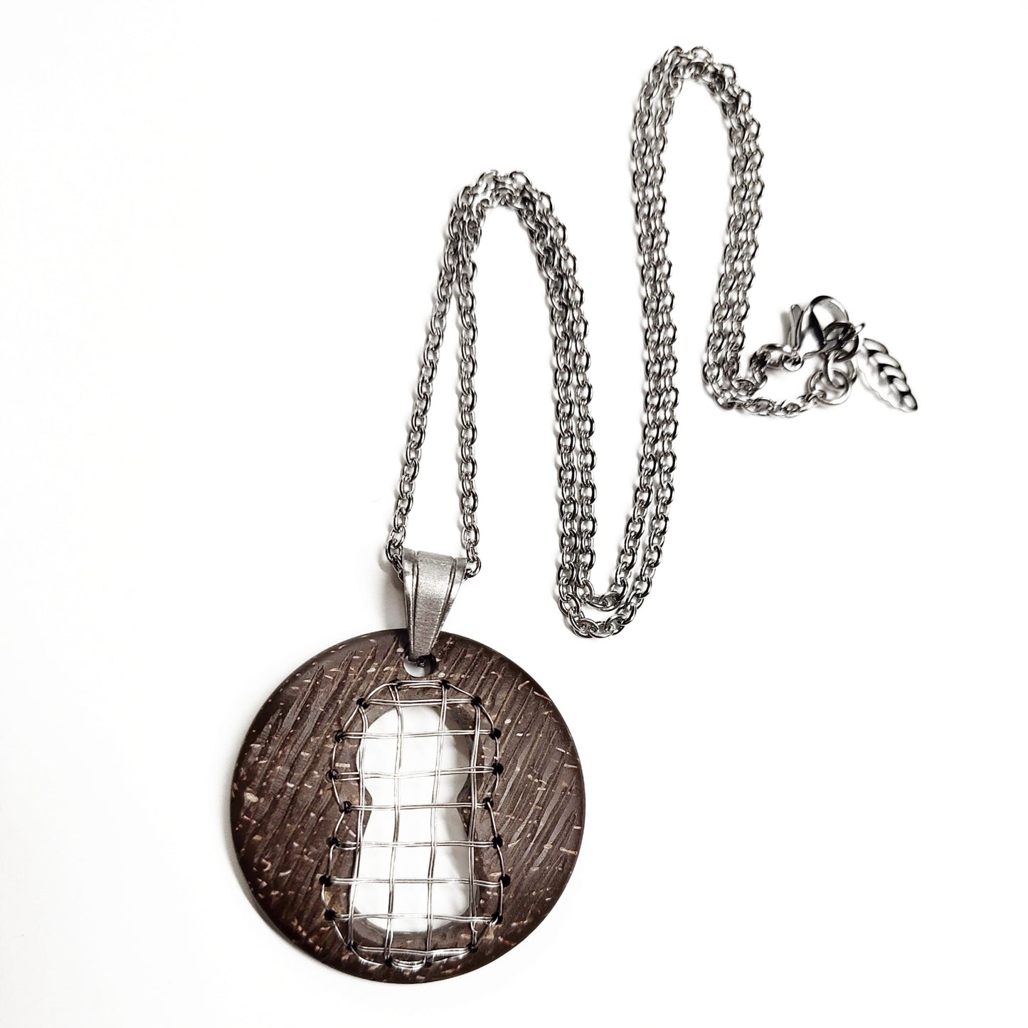 Coconut shell pendant with stainless steel chain