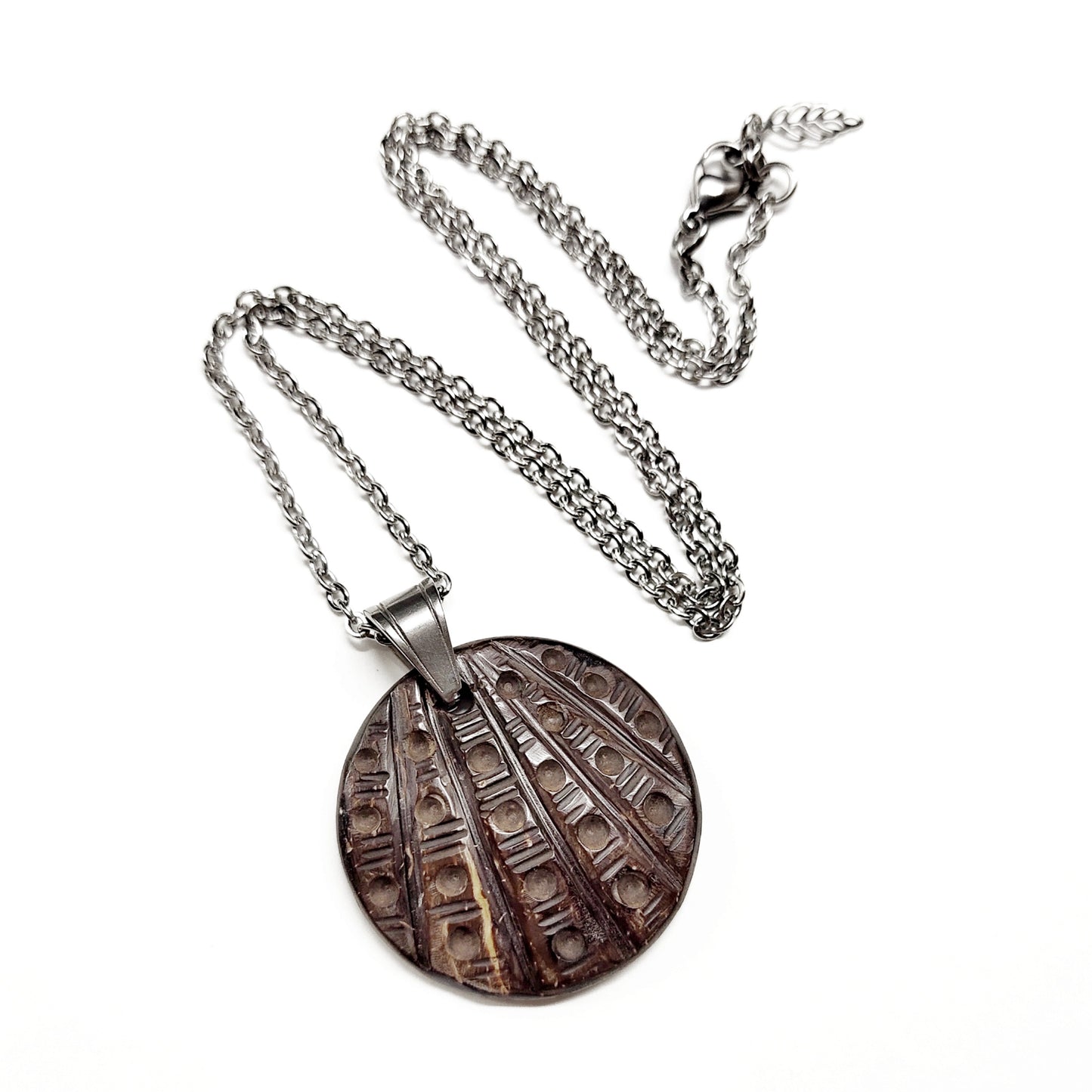 Coconut shell pendant with stainless steel chain