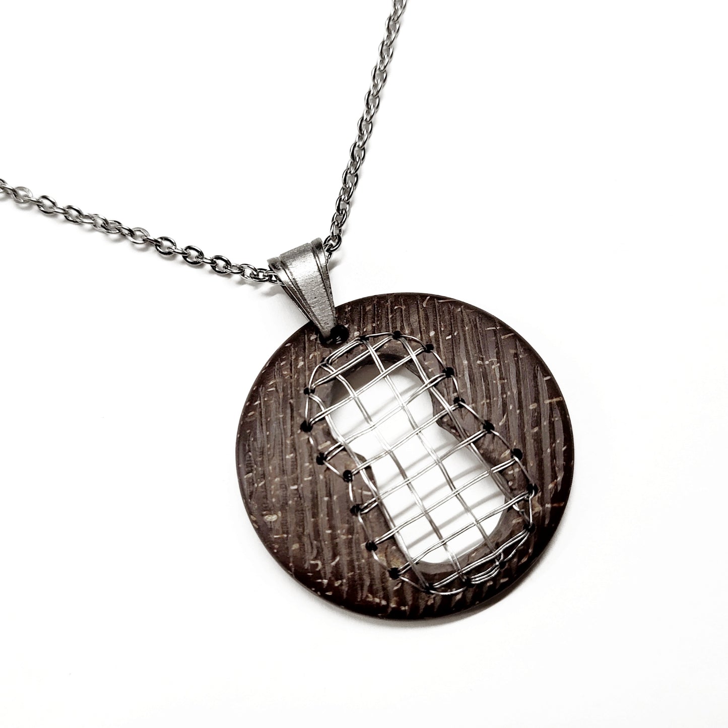 Coconut shell pendant with stainless steel chain