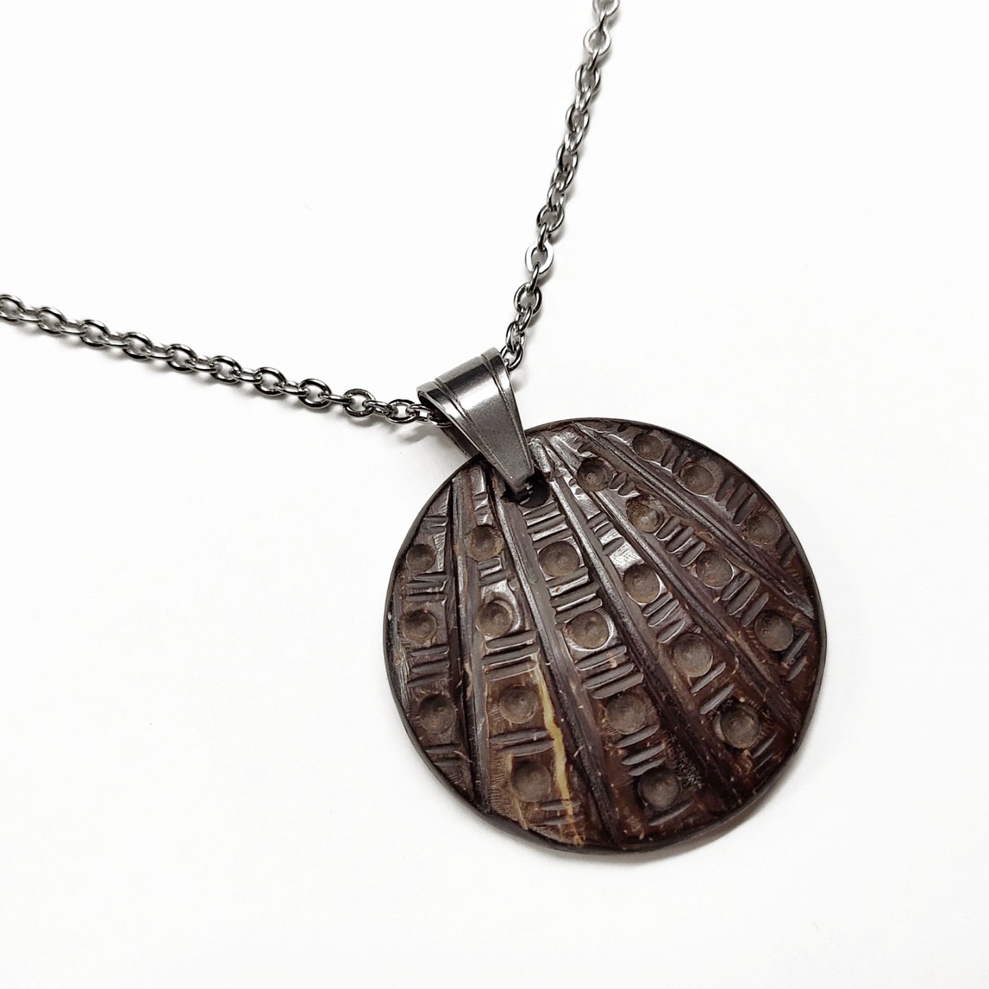 Coconut shell pendant with stainless steel chain